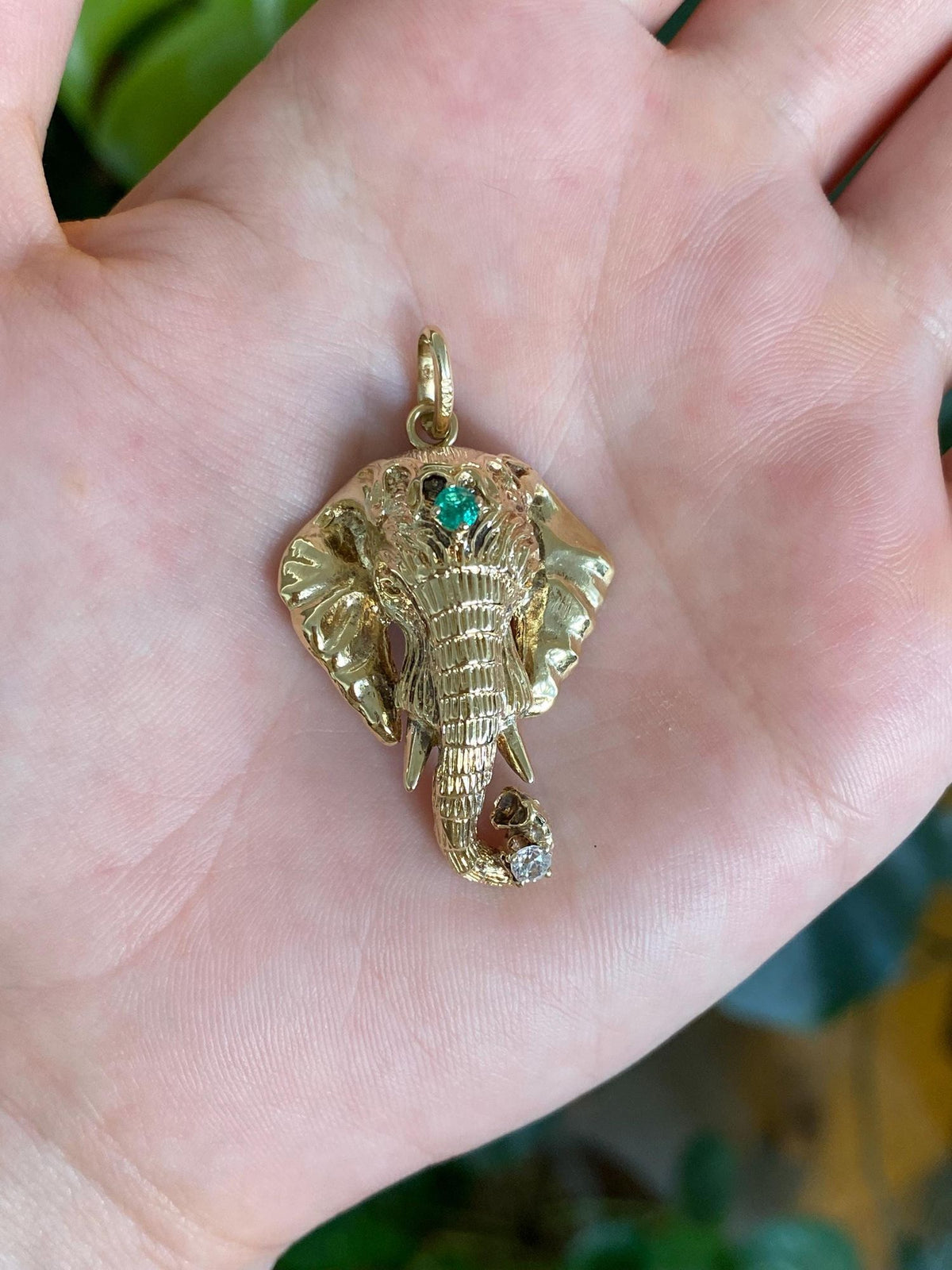 Vintage Solid 14k Yellow Gold Diamond Emerald Elephant Charm