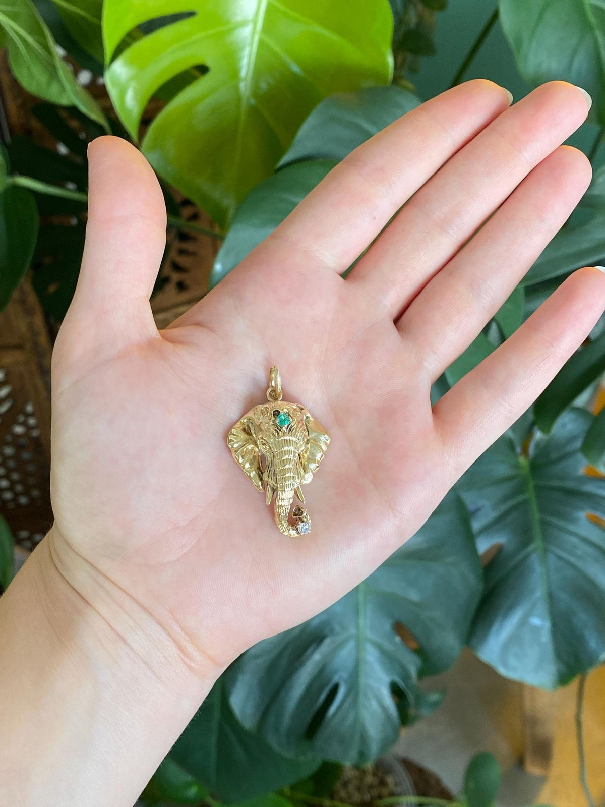 Vintage Solid 14k Yellow Gold Diamond Emerald Elephant Charm