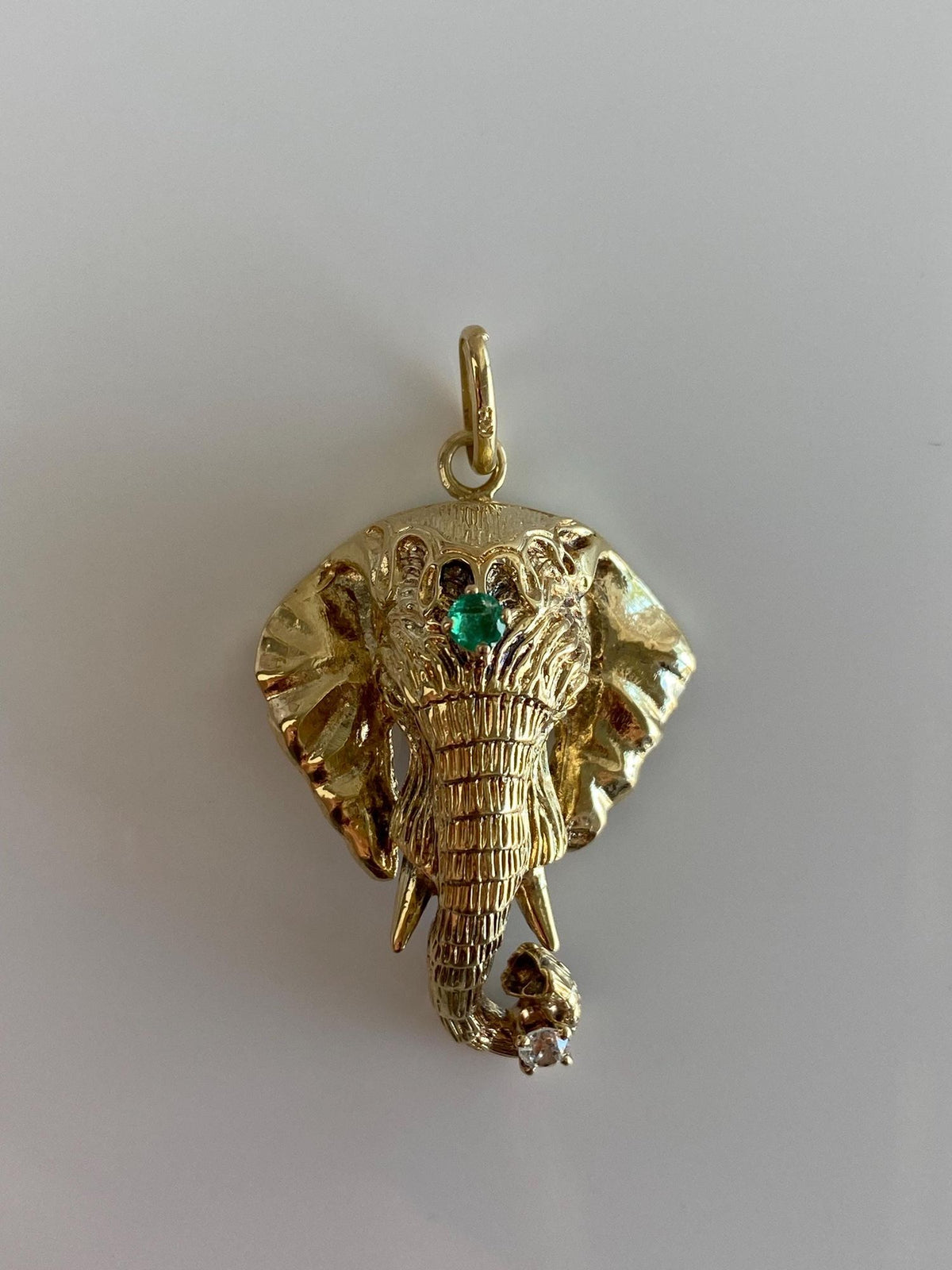 Vintage Solid 14k Yellow Gold Diamond Emerald Elephant Charm