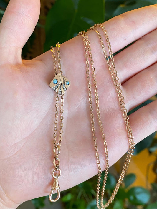 Vintage Solid 10k Rose Gold Opal Seed Pearls Slide Lariat Cable Chain Necklace - 51 inches