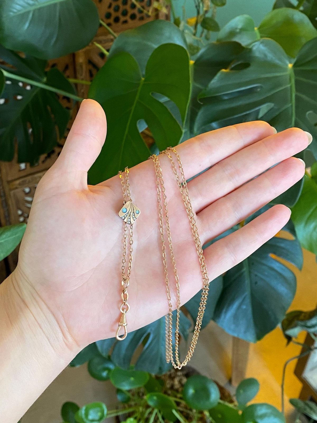 Vintage Solid 10k Rose Gold Opal Seed Pearls Slide Lariat Cable Chain Necklace - 51 inches