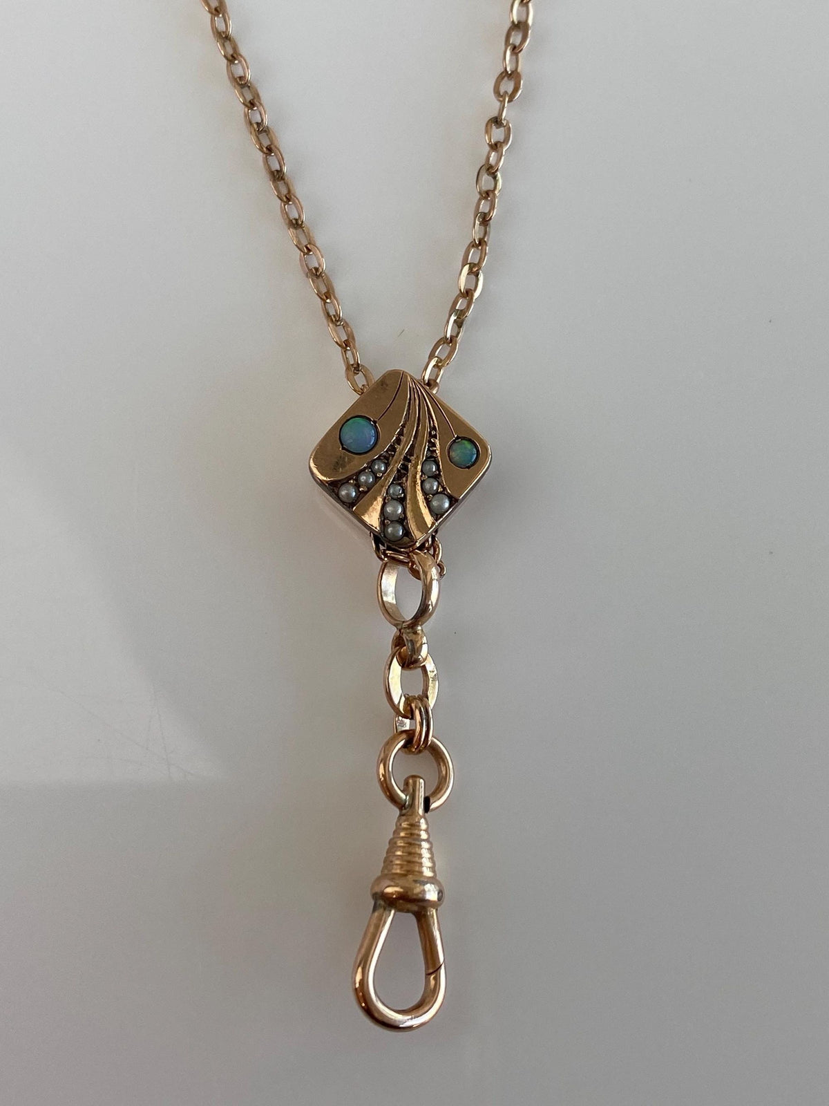 Vintage Solid 10k Rose Gold Opal Seed Pearls Slide Lariat Cable Chain Necklace - 51 inches