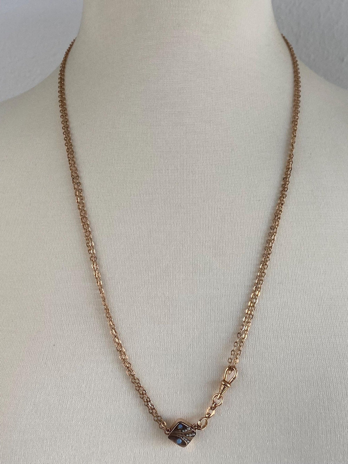 Vintage Solid 10k Rose Gold Opal Seed Pearls Slide Lariat Cable Chain Necklace - 51 inches