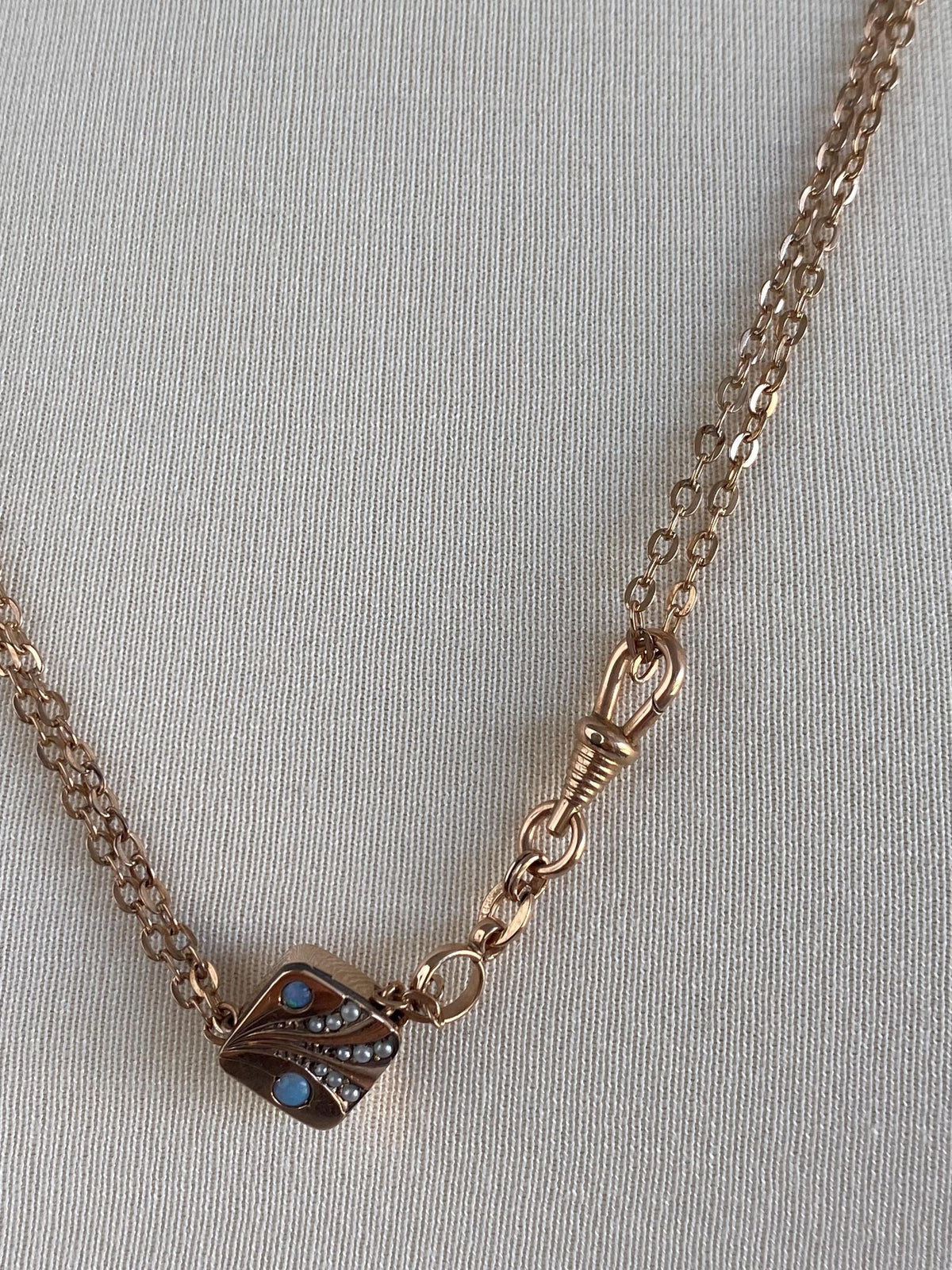 Vintage Solid 10k Rose Gold Opal Seed Pearls Slide Lariat Cable Chain Necklace - 51 inches