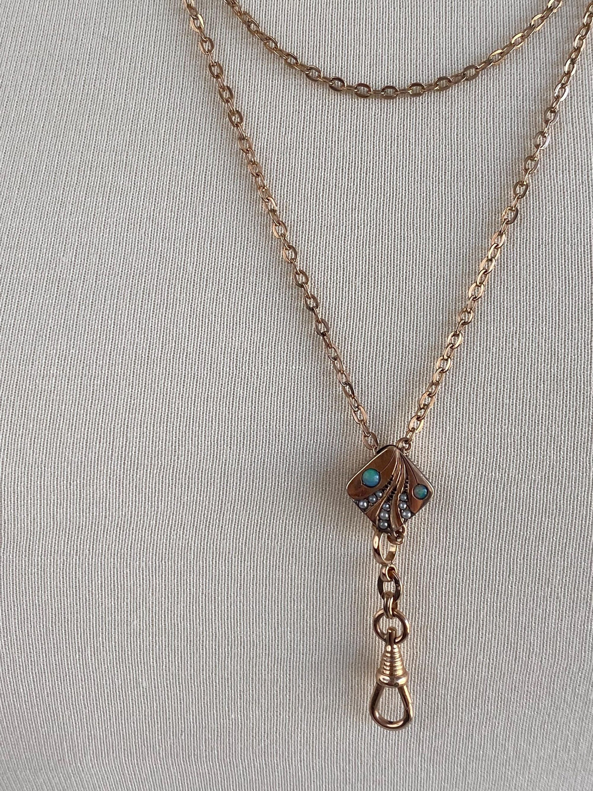 Vintage Solid 10k Rose Gold Opal Seed Pearls Slide Lariat Cable Chain Necklace - 51 inches
