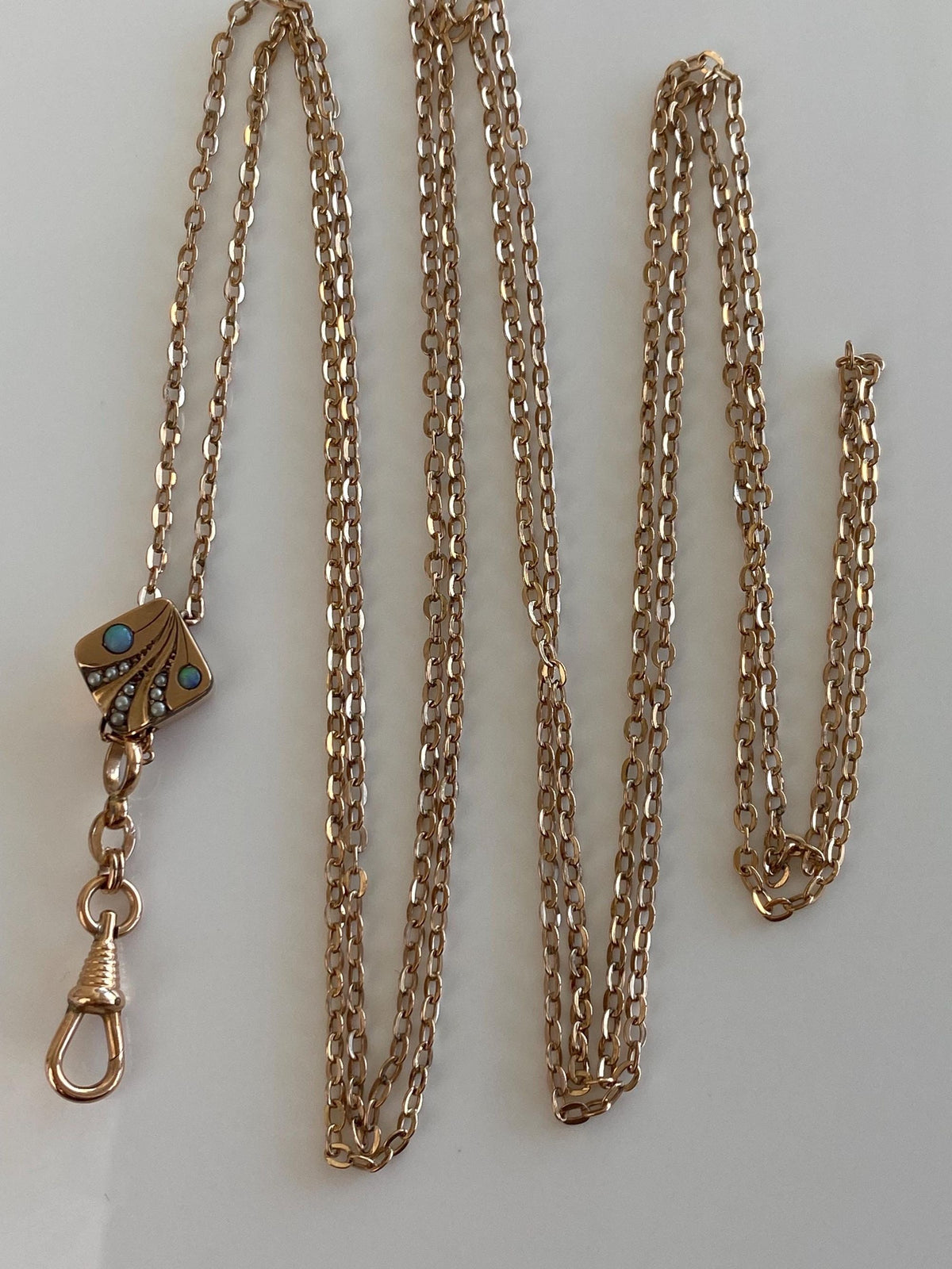 Vintage Solid 10k Rose Gold Opal Seed Pearls Slide Lariat Cable Chain Necklace - 51 inches