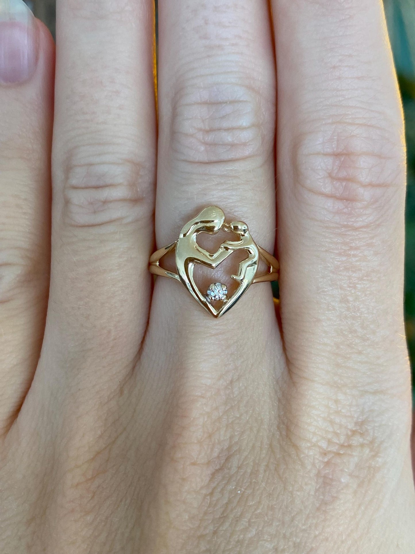 Vintage Solid 14k Diamond Yellow Gold Abstract Family Mother Child Ring - Size 6
