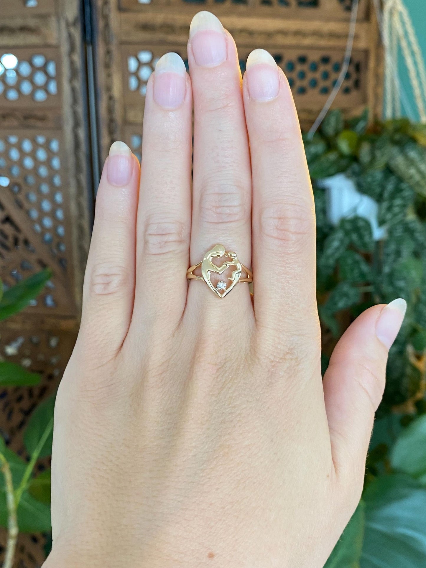 Vintage Solid 14k Diamond Yellow Gold Abstract Family Mother Child Ring - Size 6