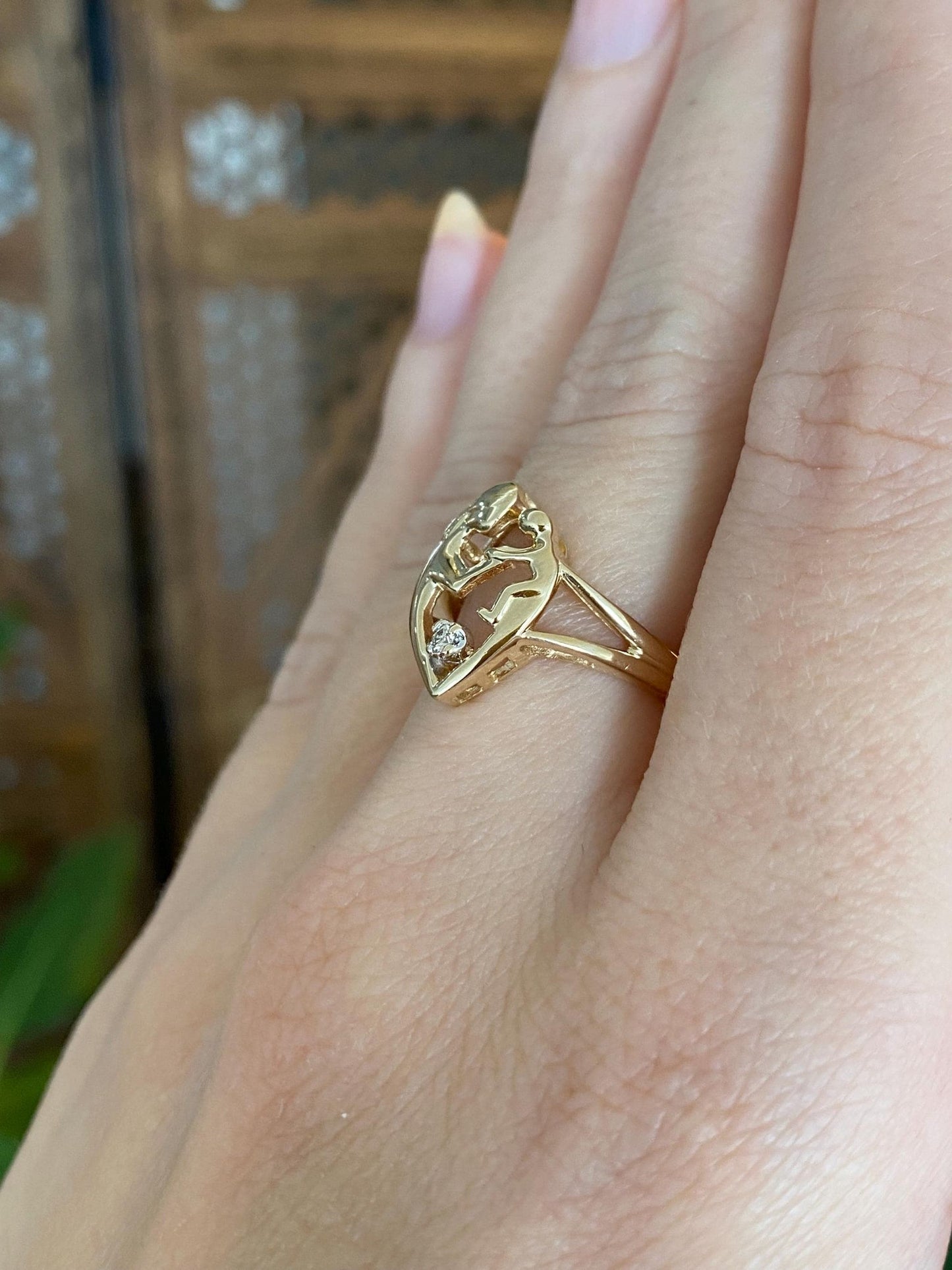 Vintage Solid 14k Diamond Yellow Gold Abstract Family Mother Child Ring - Size 6