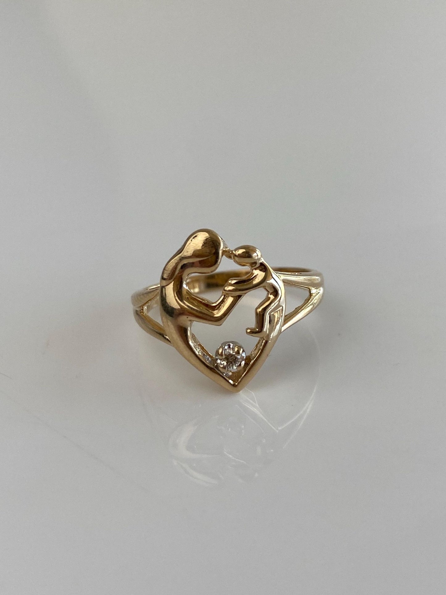 Vintage Solid 14k Diamond Yellow Gold Abstract Family Mother Child Ring - Size 6