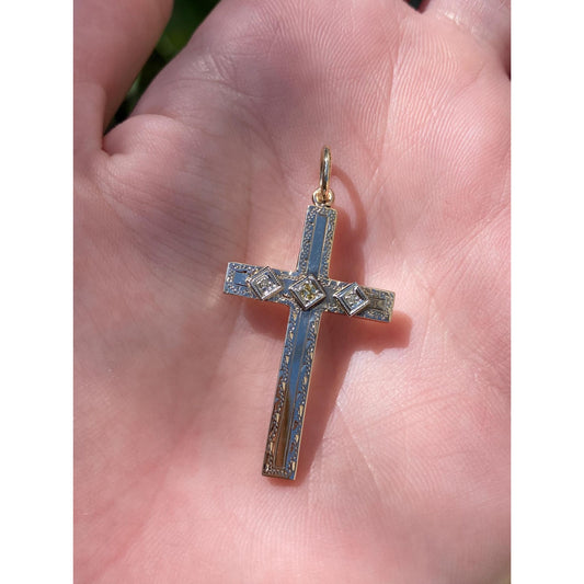 Vintage 10k White & Yellow Gold Clear Sapphire Cross Charm