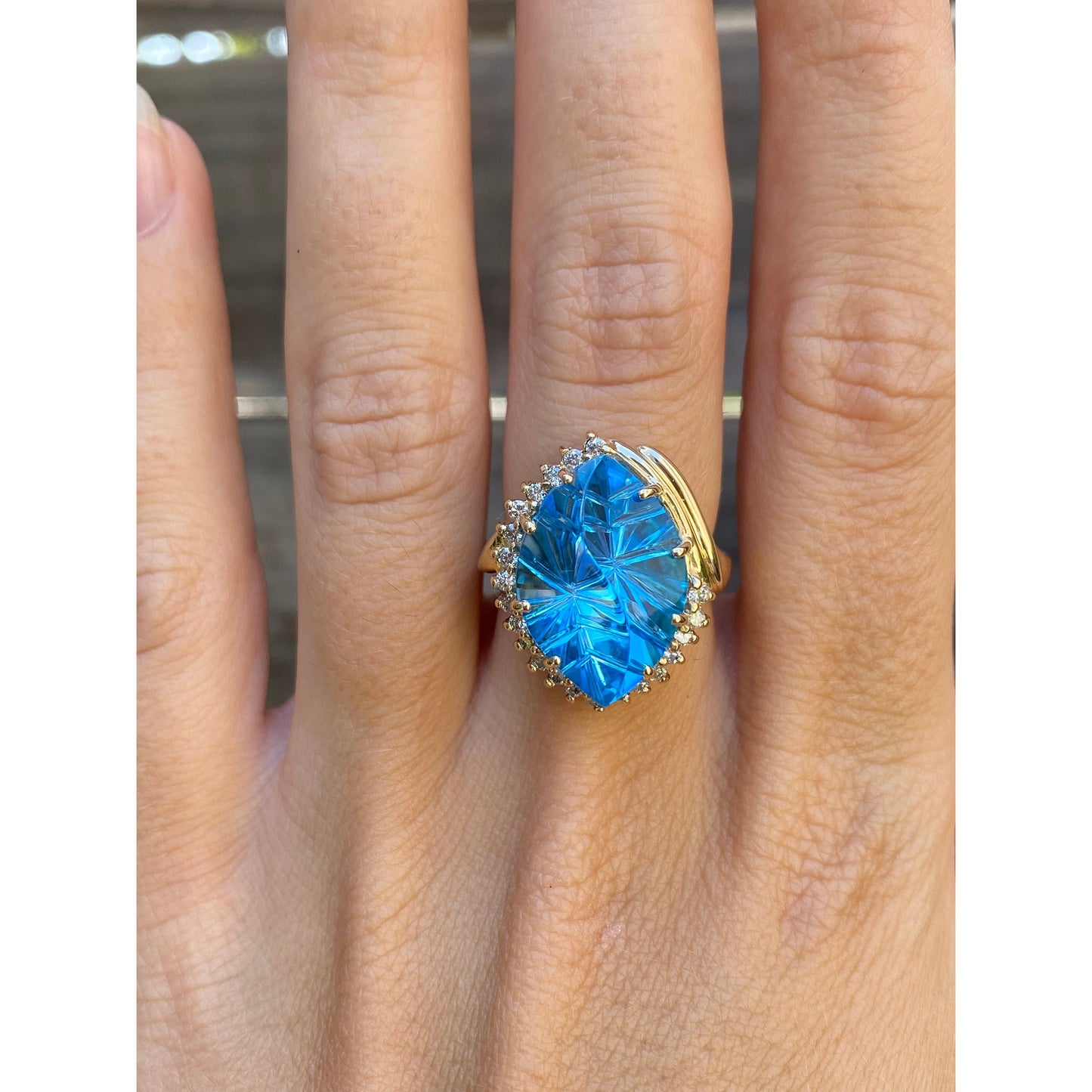 Vintage Solid 14k Yellow Gold Large Topaz Diamond Ring - Size 6