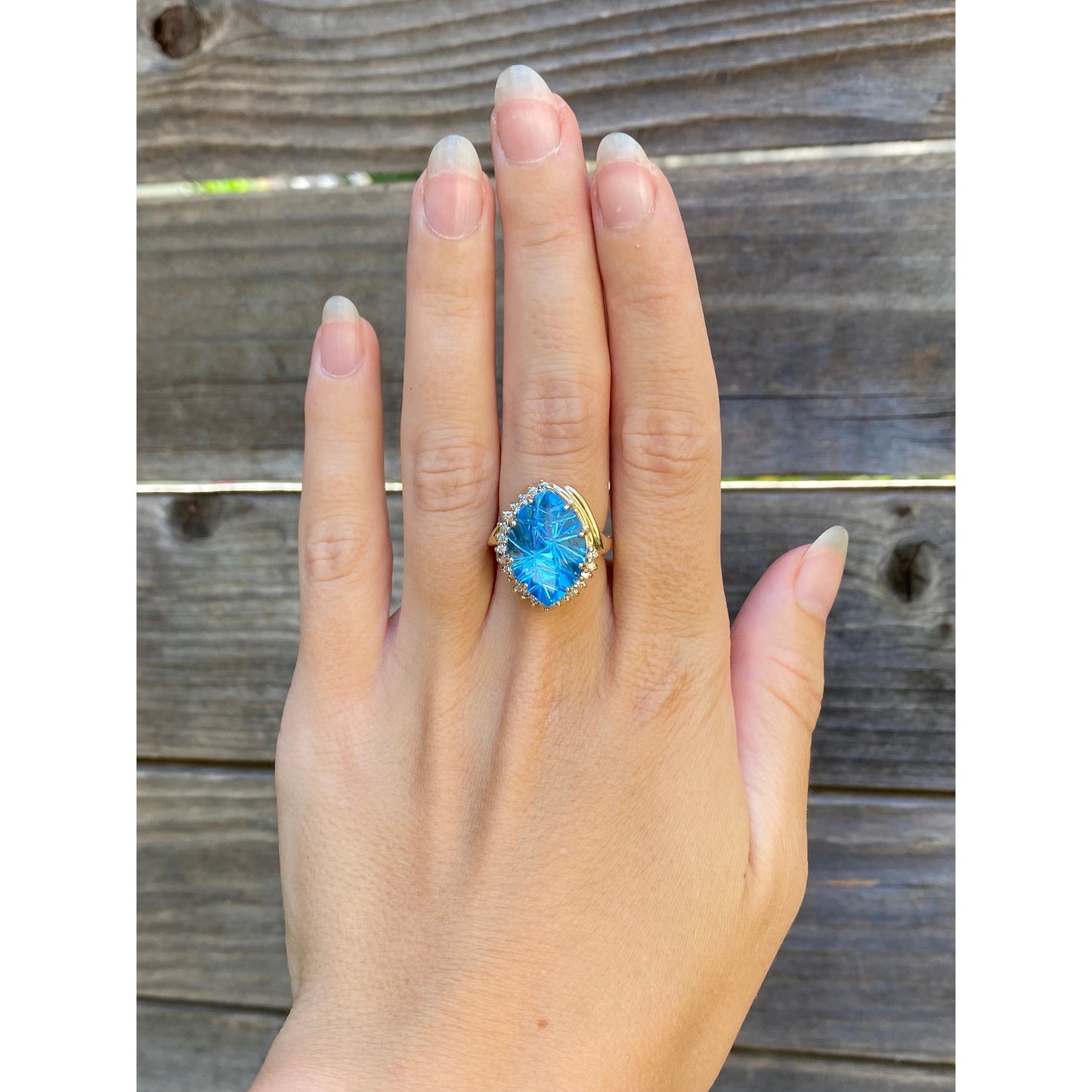 Vintage Solid 14k Yellow Gold Large Topaz Diamond Ring - Size 6