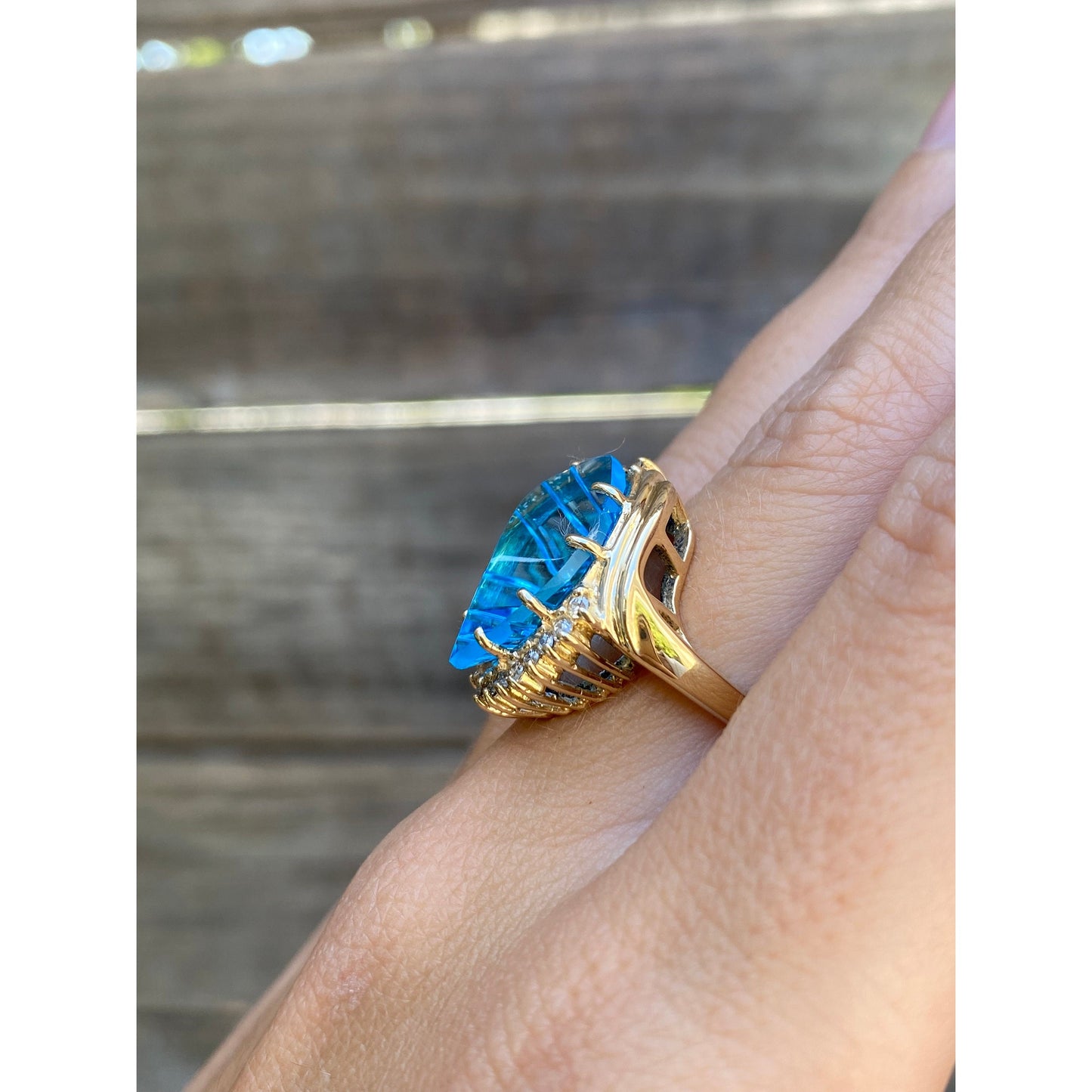 Vintage Solid 14k Yellow Gold Large Topaz Diamond Ring - Size 6