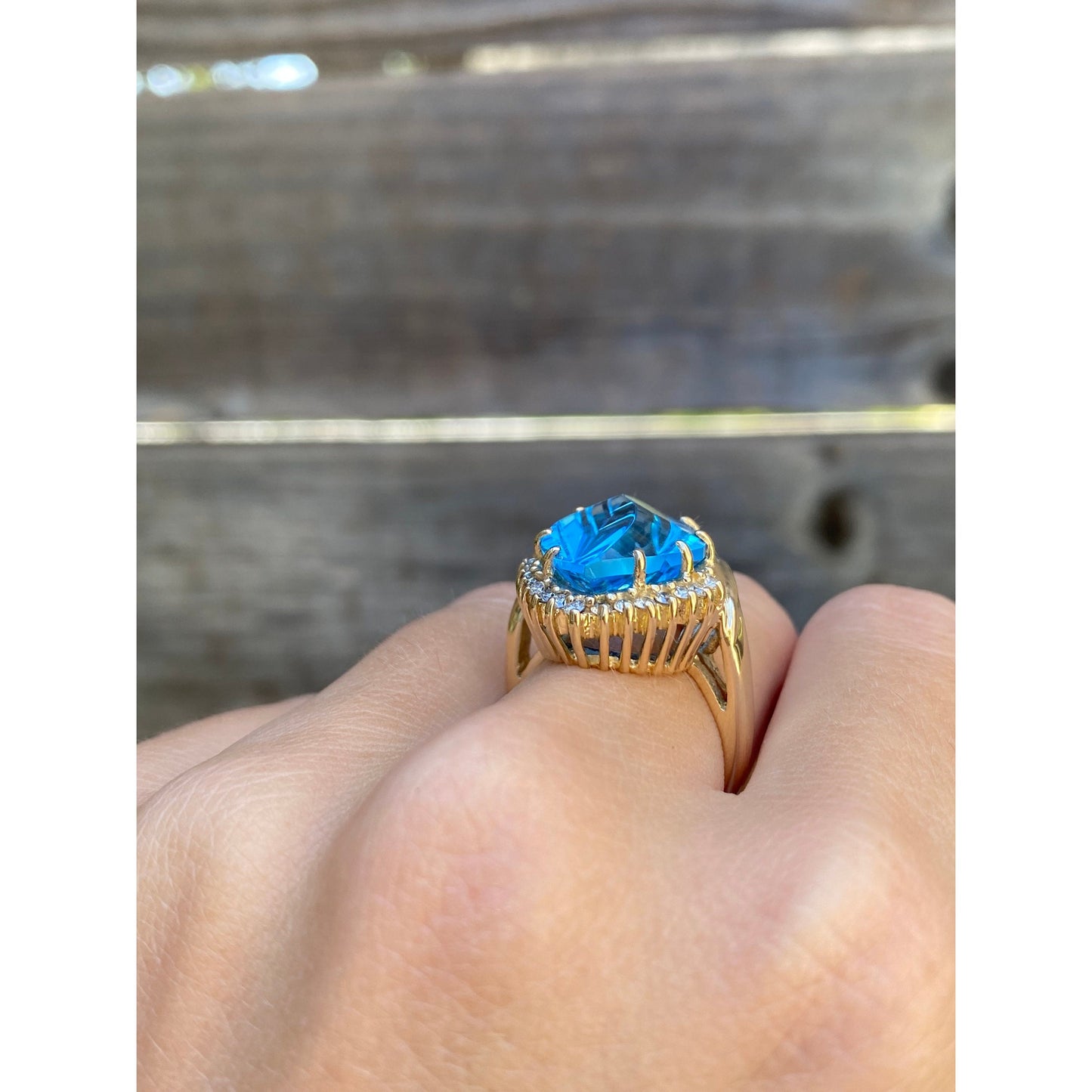 Vintage Solid 14k Yellow Gold Large Topaz Diamond Ring - Size 6