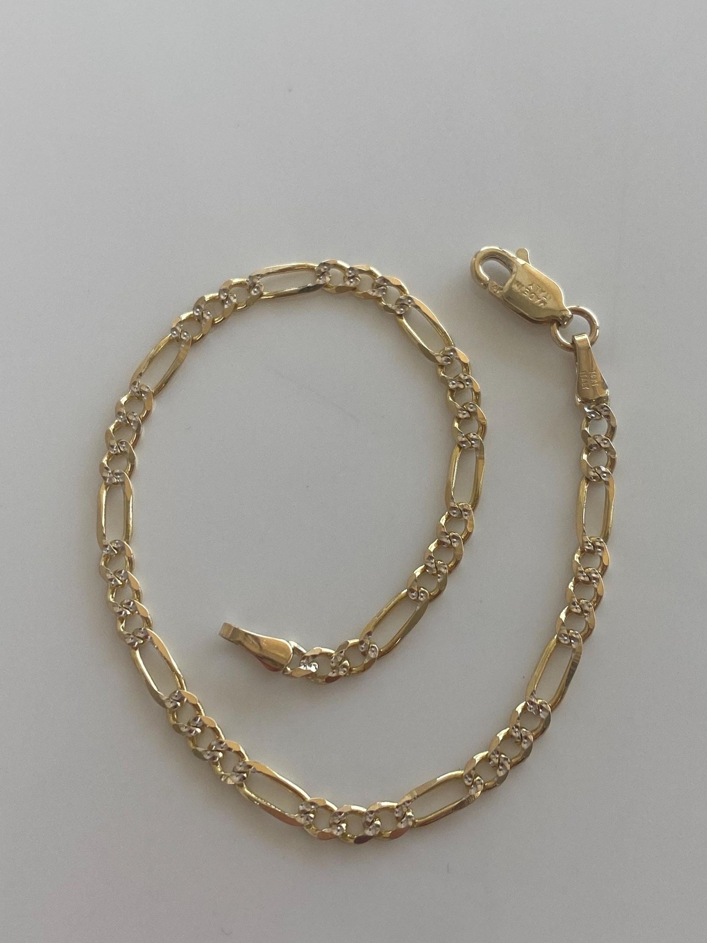 Vintage Solid 14k White & Yellow Gold Diamond Cut Figaro Chain Bracelet - 7 inches