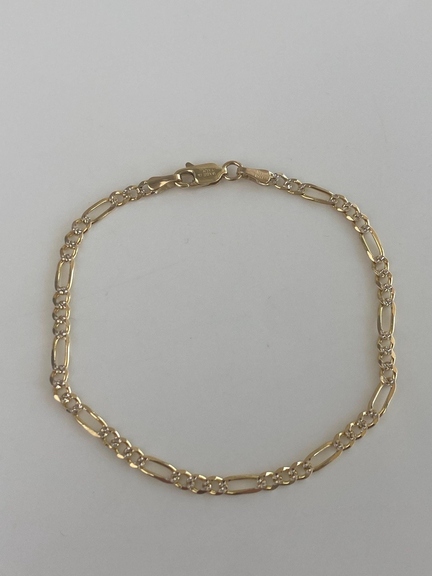 Vintage Solid 14k White & Yellow Gold Diamond Cut Figaro Chain Bracelet - 7 inches