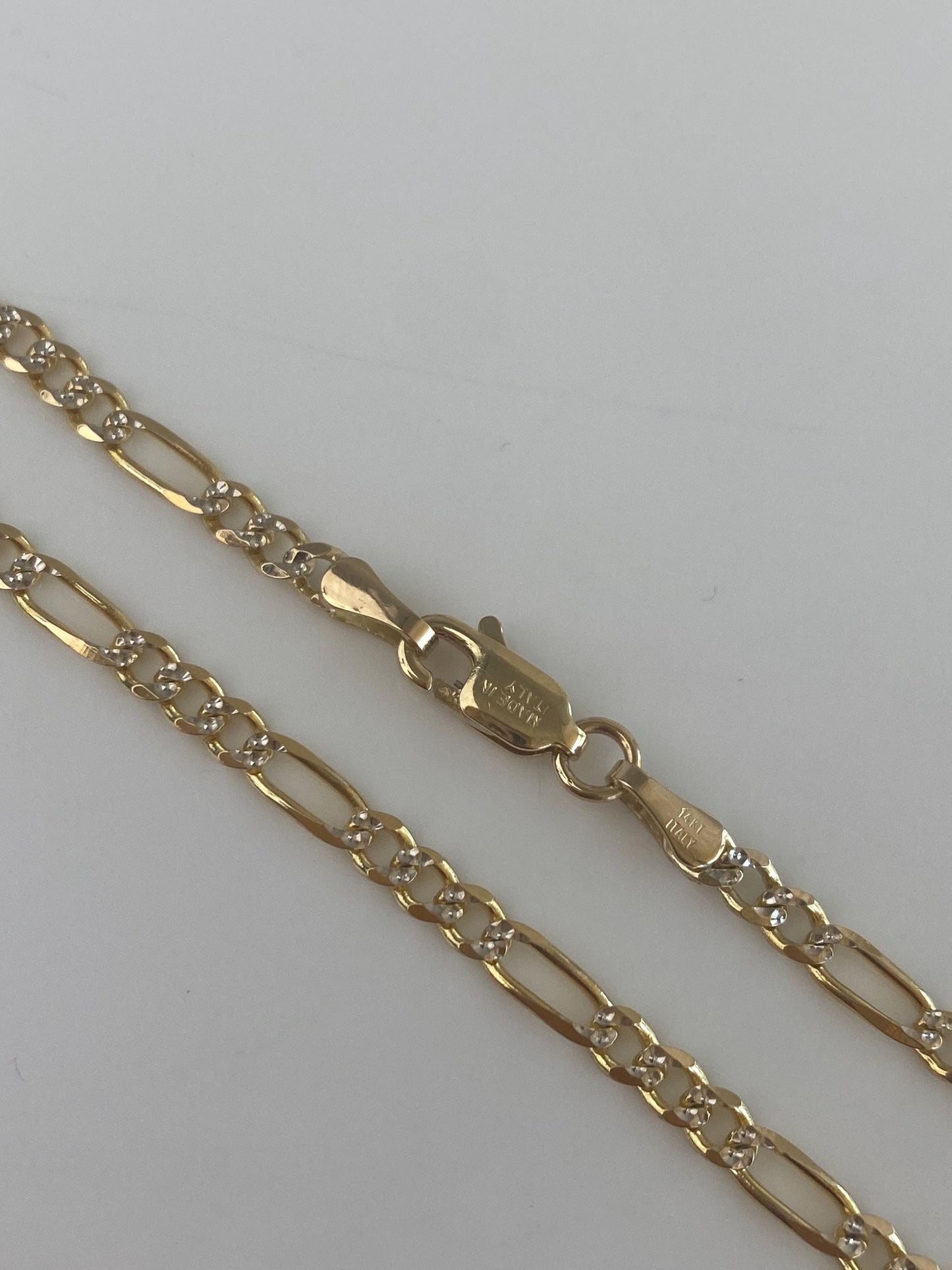 Vintage Solid 14k White & Yellow Gold Diamond Cut Figaro Chain Bracelet - 7 inches