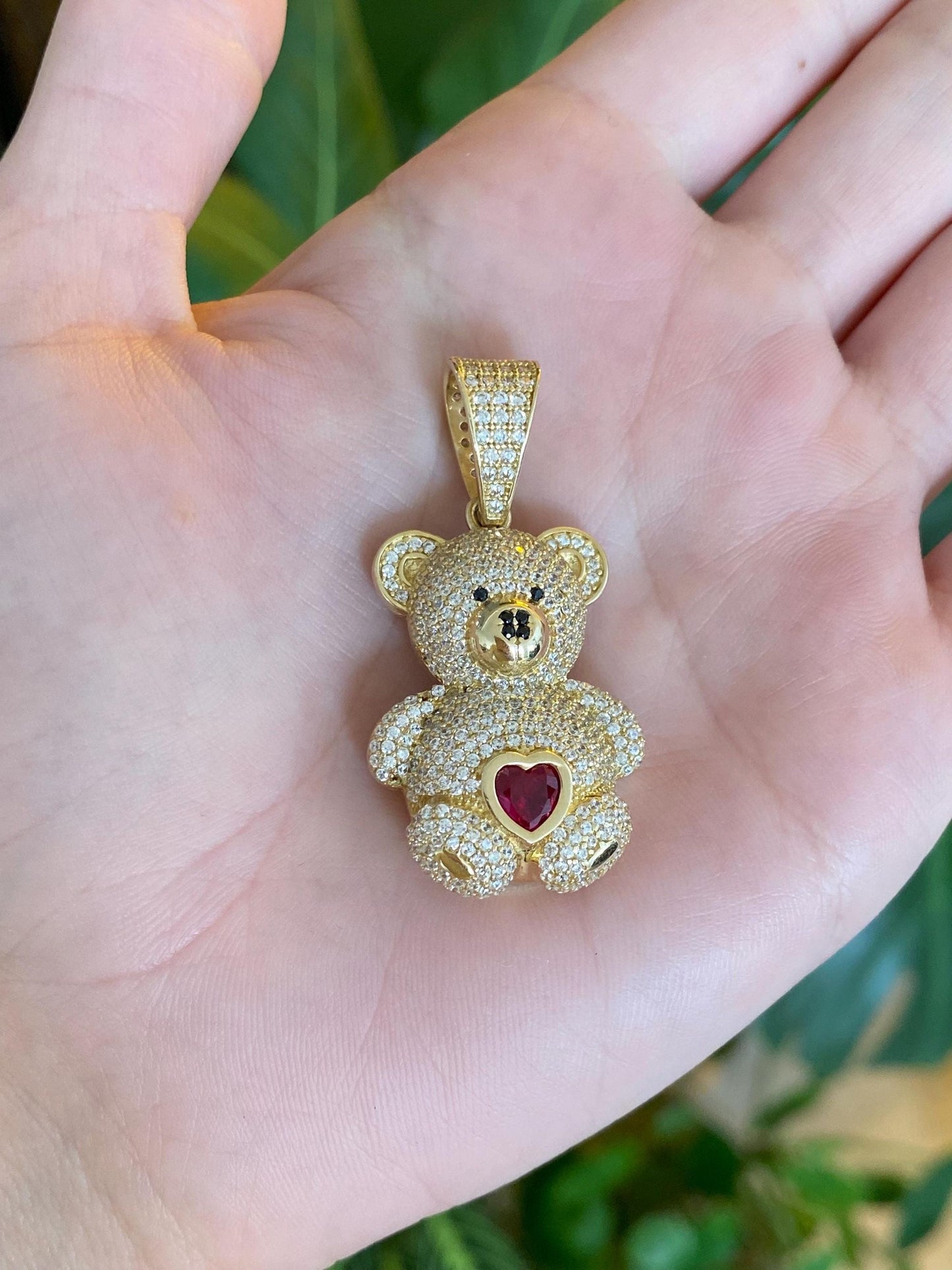 Solid 14k Yellow Gold Clear Cubic Zirconia Ruby Heart Open Work Teddy Bear Charm