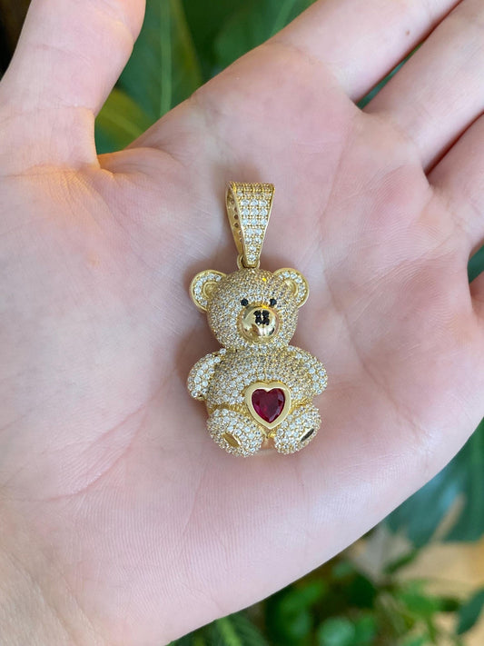 Solid 14k Yellow Gold Clear Cubic Zirconia Ruby Heart Open Work Teddy Bear Charm
