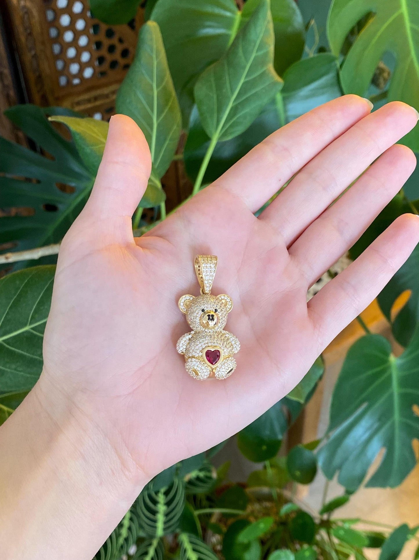 Solid 14k Yellow Gold Clear Cubic Zirconia Ruby Heart Open Work Teddy Bear Charm