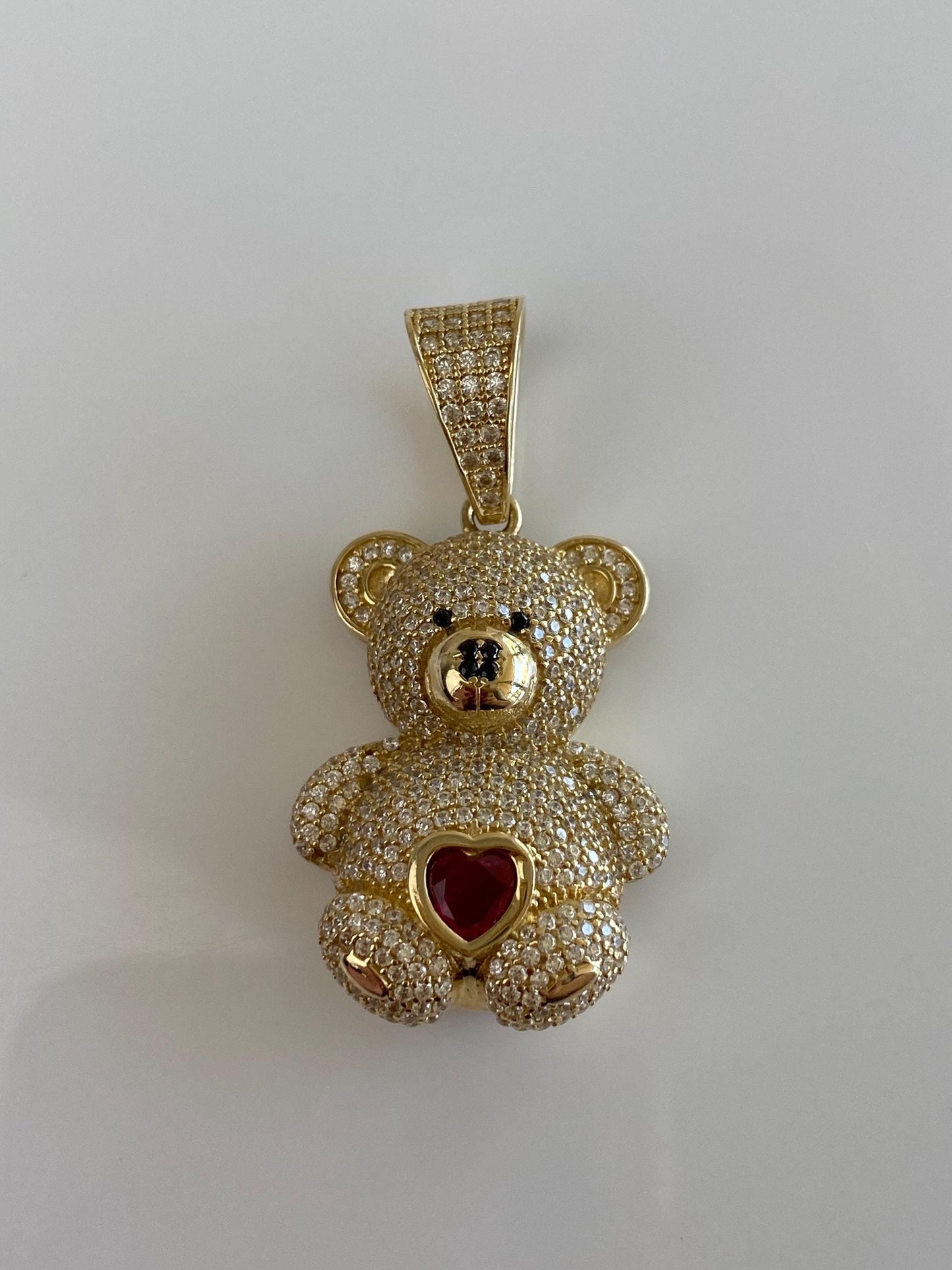 Solid 14k Yellow Gold Clear Cubic Zirconia Ruby Heart Open Work Teddy Bear Charm