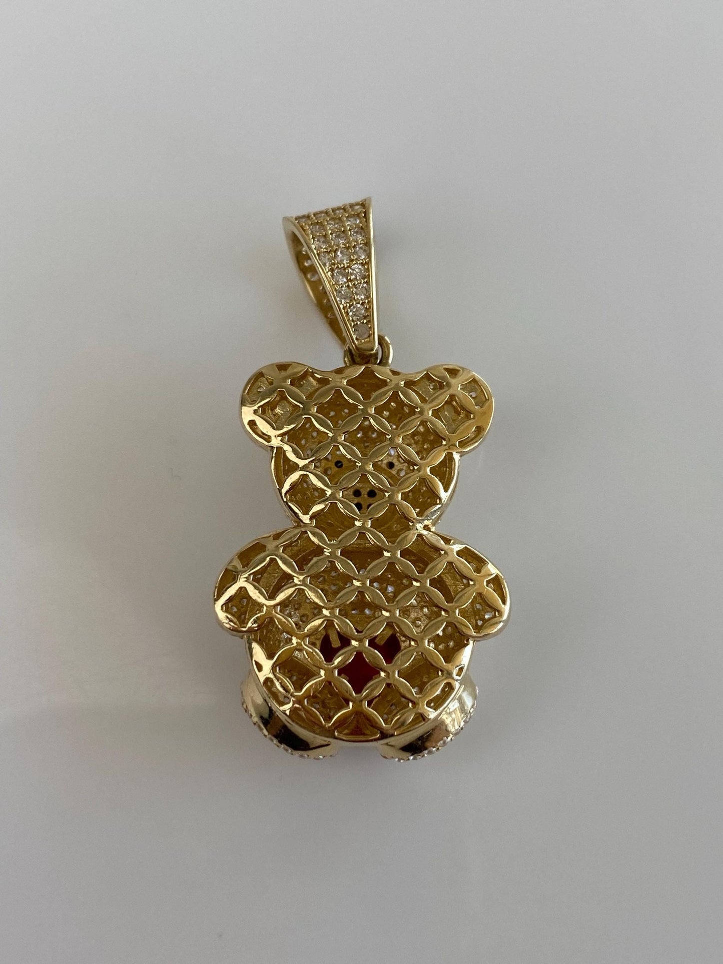 Solid 14k Yellow Gold Clear Cubic Zirconia Ruby Heart Open Work Teddy Bear Charm