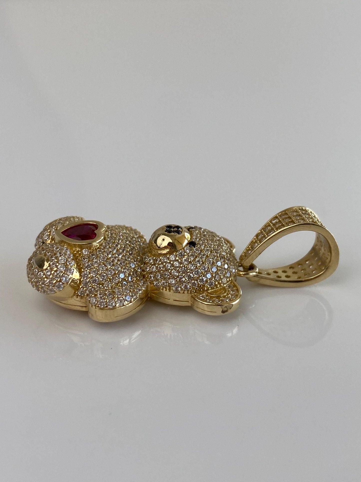 Solid 14k Yellow Gold Clear Cubic Zirconia Ruby Heart Open Work Teddy Bear Charm