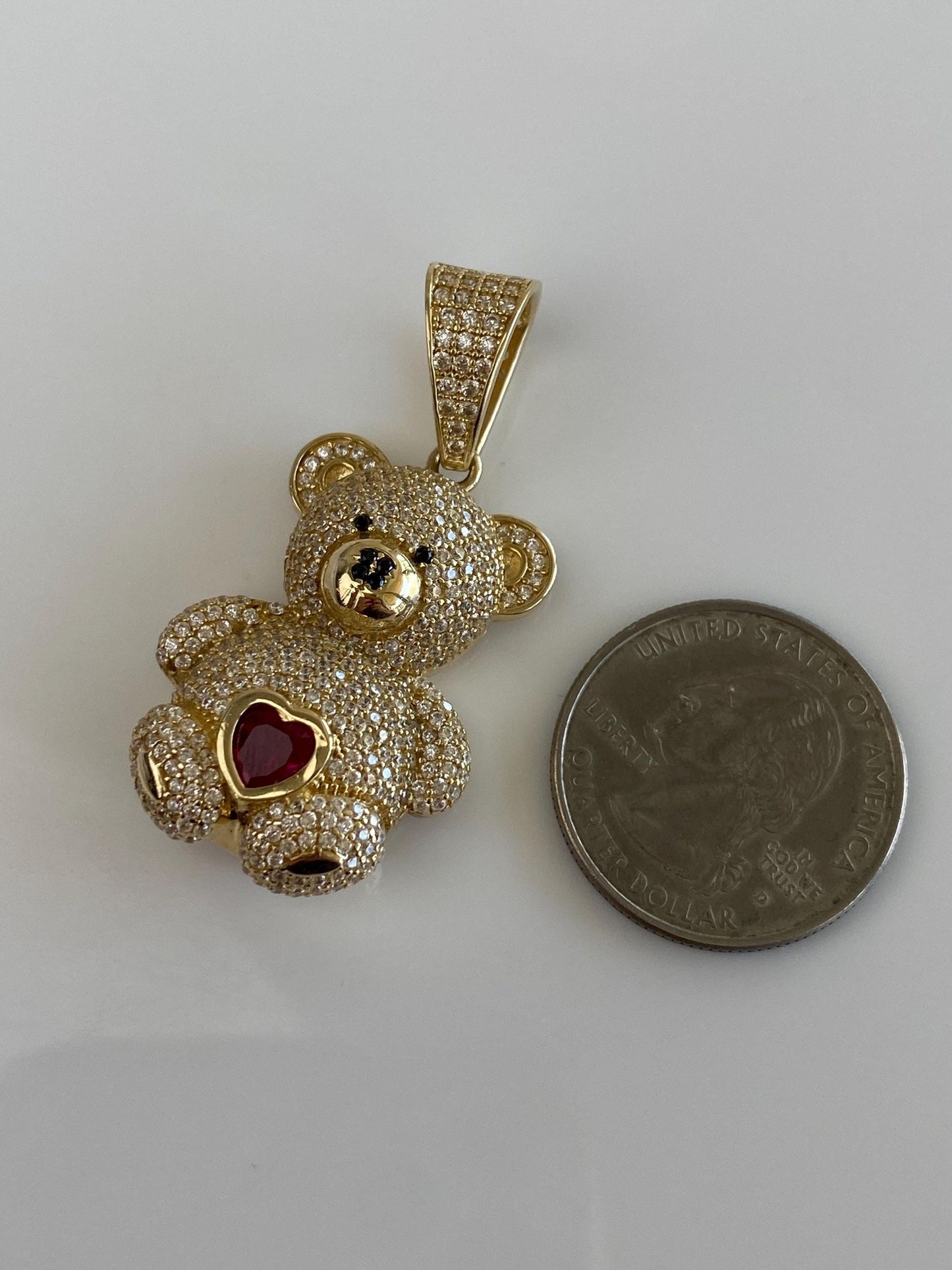 Solid 14k Yellow Gold Clear Cubic Zirconia Ruby Heart Open Work Teddy Bear Charm