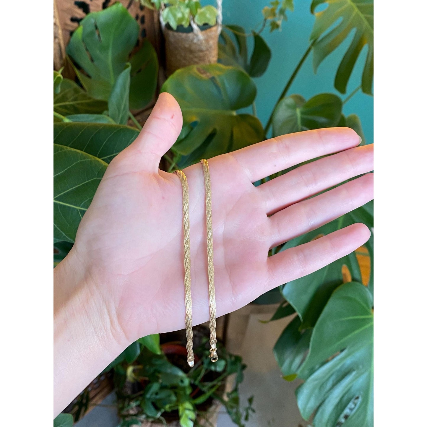 Vintage Solid 14k Yellow Gold Braided Flat Chain Necklace - 18 inches