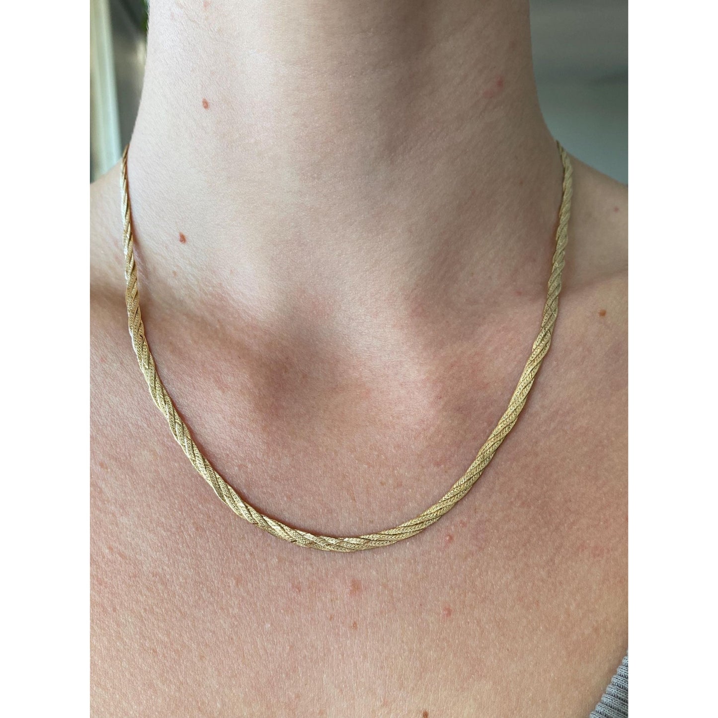 Vintage Solid 14k Yellow Gold Braided Flat Chain Necklace - 18 inches