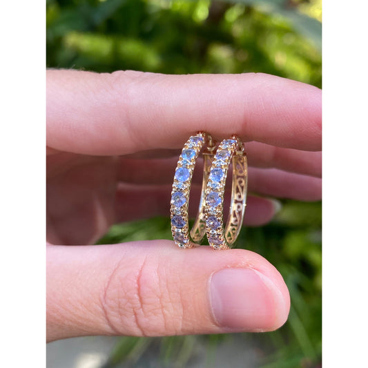 Solid 14k Yellow Gold Light Blue Cubic Zirconia Hoop Earrings