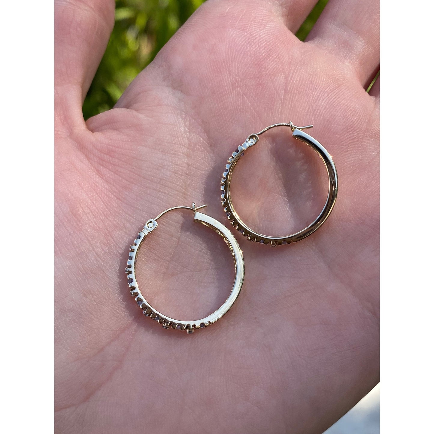 Solid 14k Yellow Gold Light Blue Cubic Zirconia Hoop Earrings