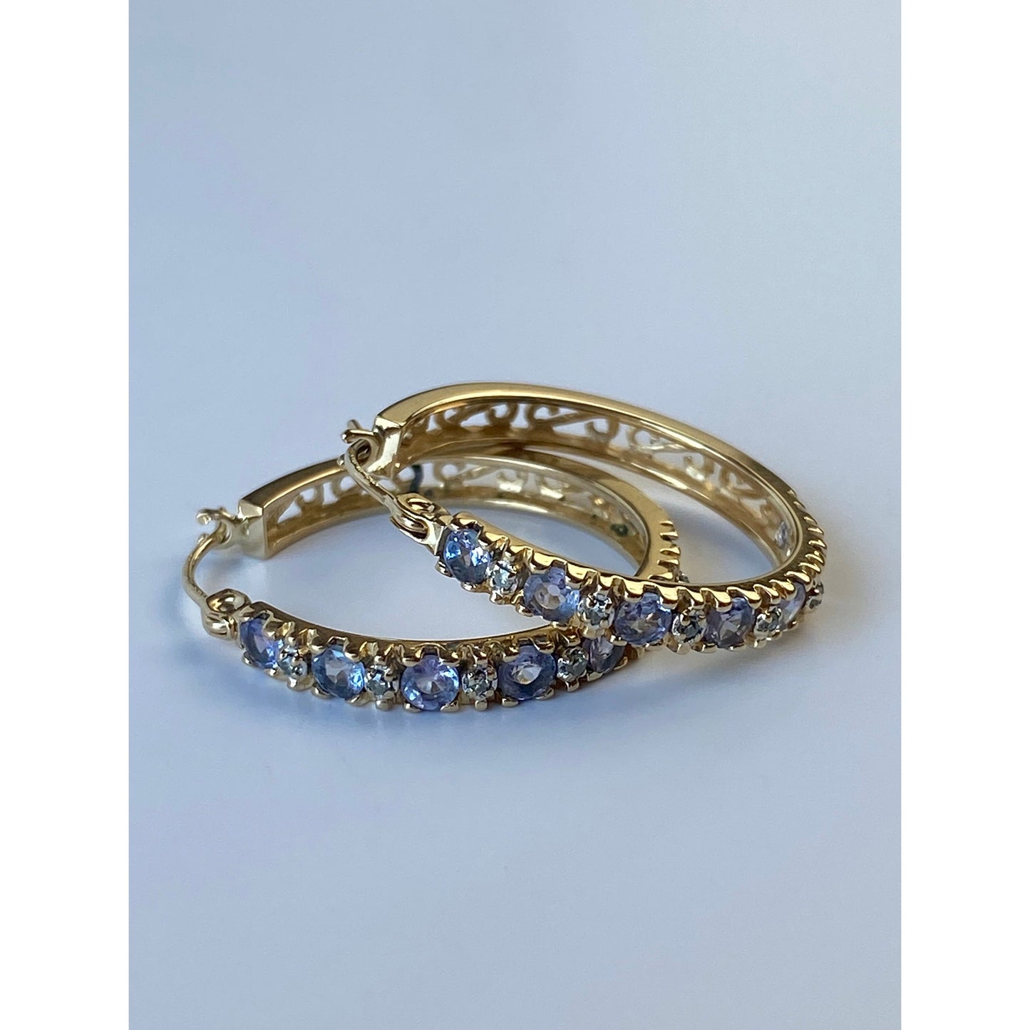 Solid 14k Yellow Gold Light Blue Cubic Zirconia Hoop Earrings