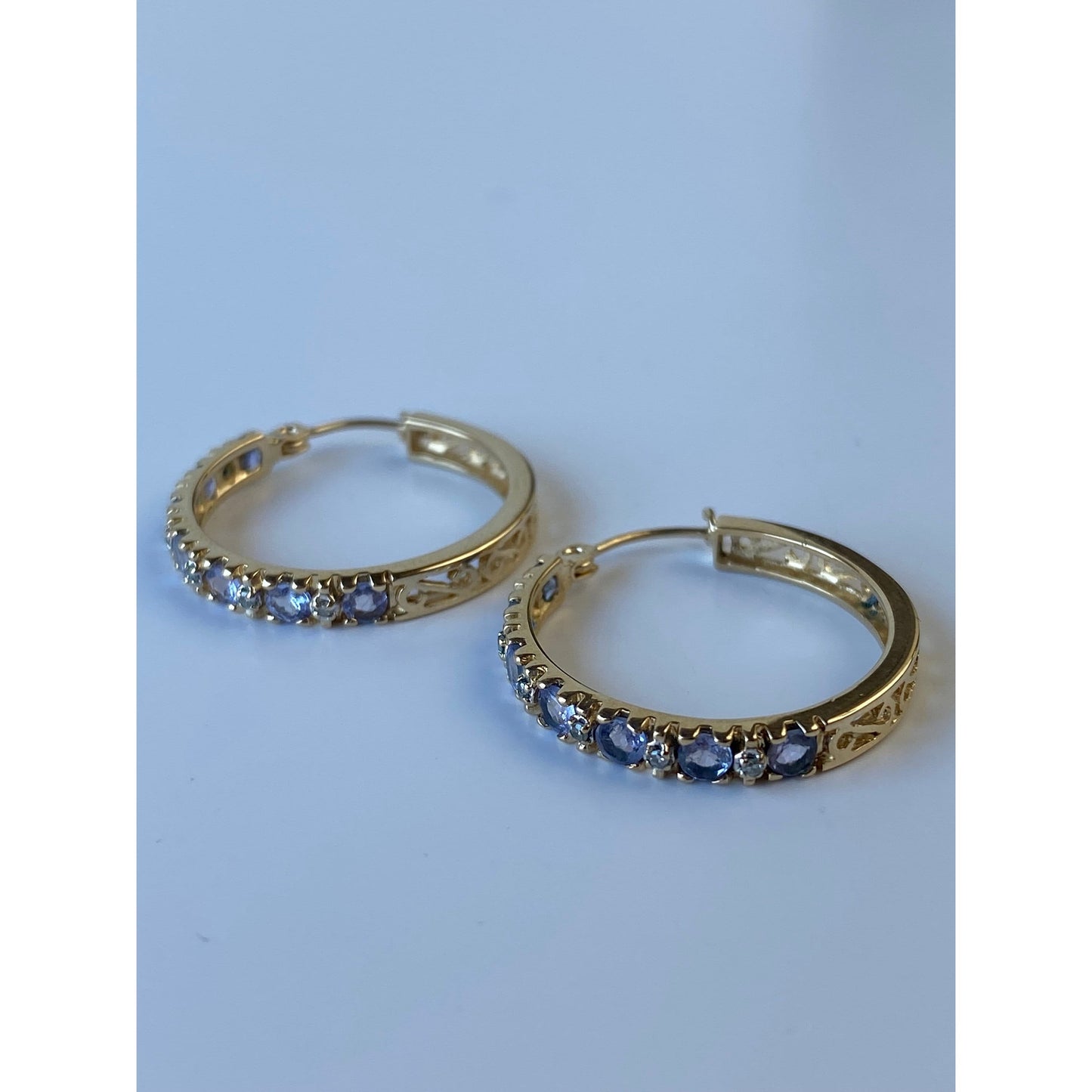 Solid 14k Yellow Gold Light Blue Cubic Zirconia Hoop Earrings