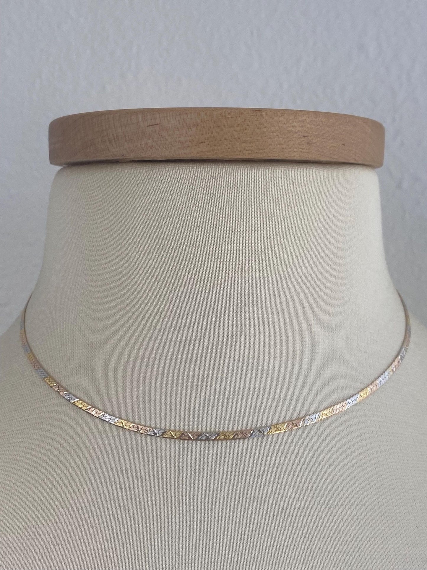 Vintage Solid 14k Tri Tone Gold Pattern Herringbone Chain Necklace - 16 inches