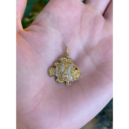 Vintage Solid 14k Yellow Gold Diamond Yellow Sapphire Ruby Fish Charm