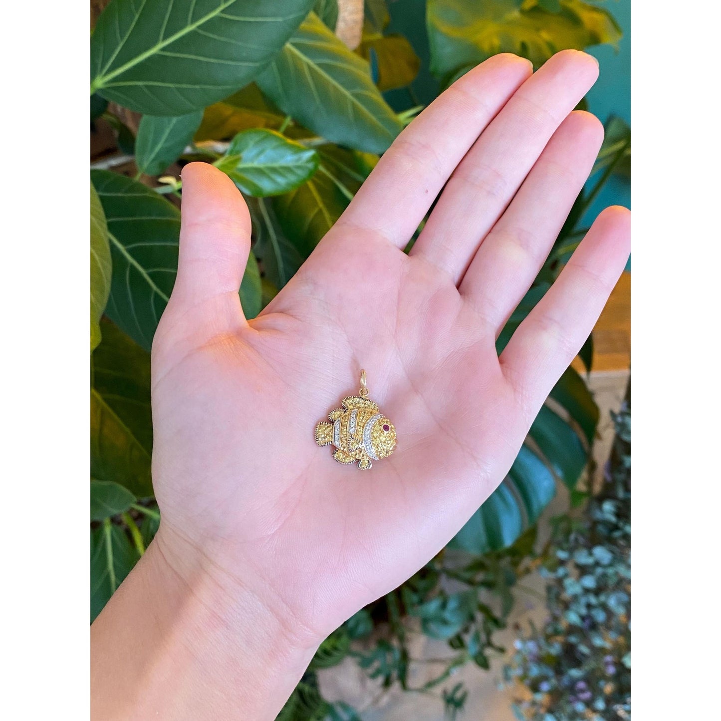 Vintage Solid 14k Yellow Gold Diamond Yellow Sapphire Ruby Fish Charm