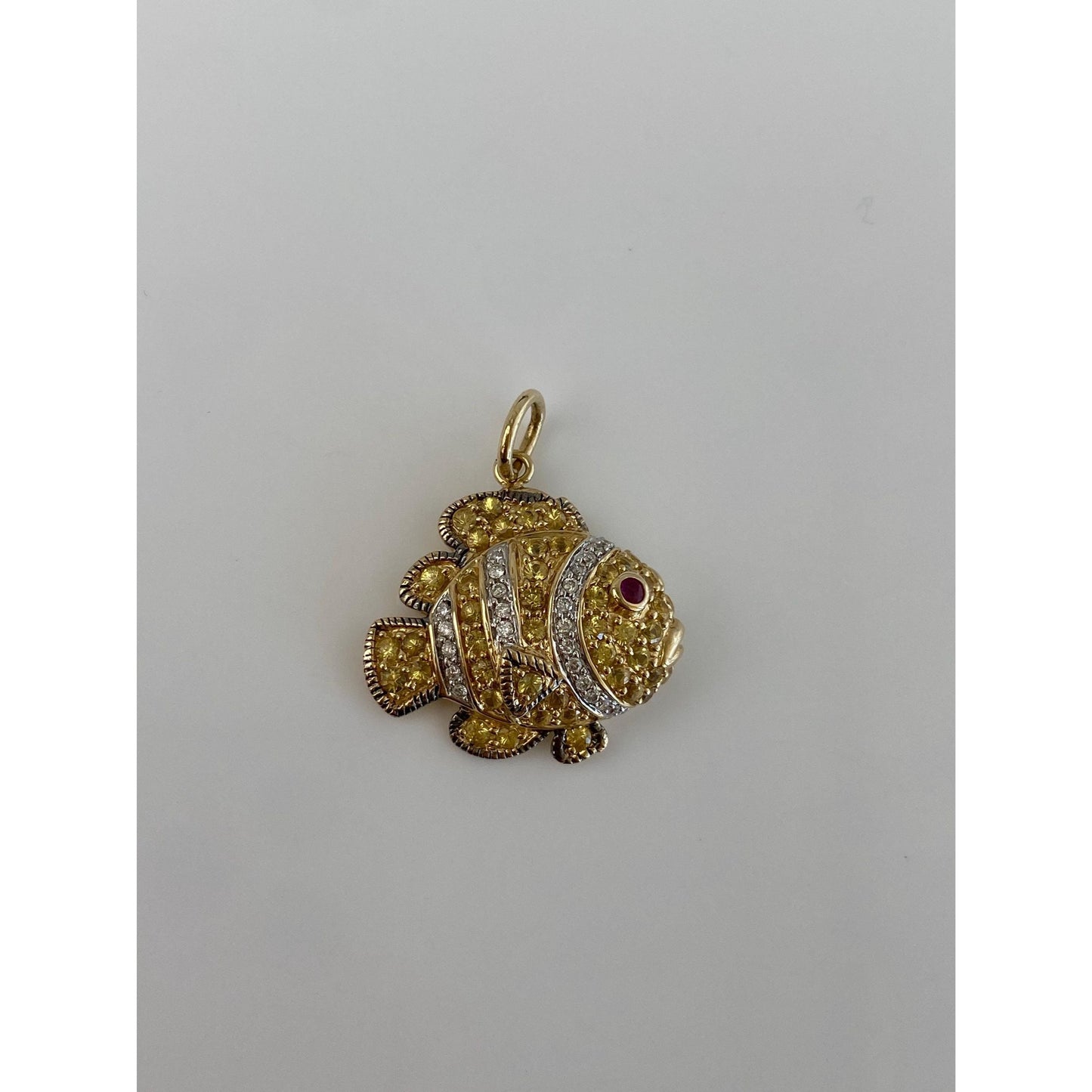 Vintage Solid 14k Yellow Gold Diamond Yellow Sapphire Ruby Fish Charm