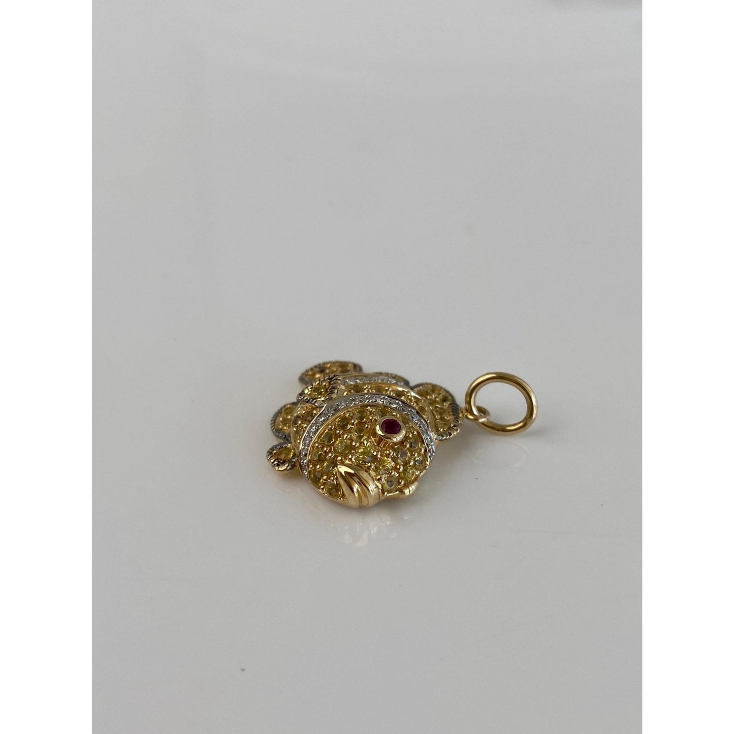 Vintage Solid 14k Yellow Gold Diamond Yellow Sapphire Ruby Fish Charm