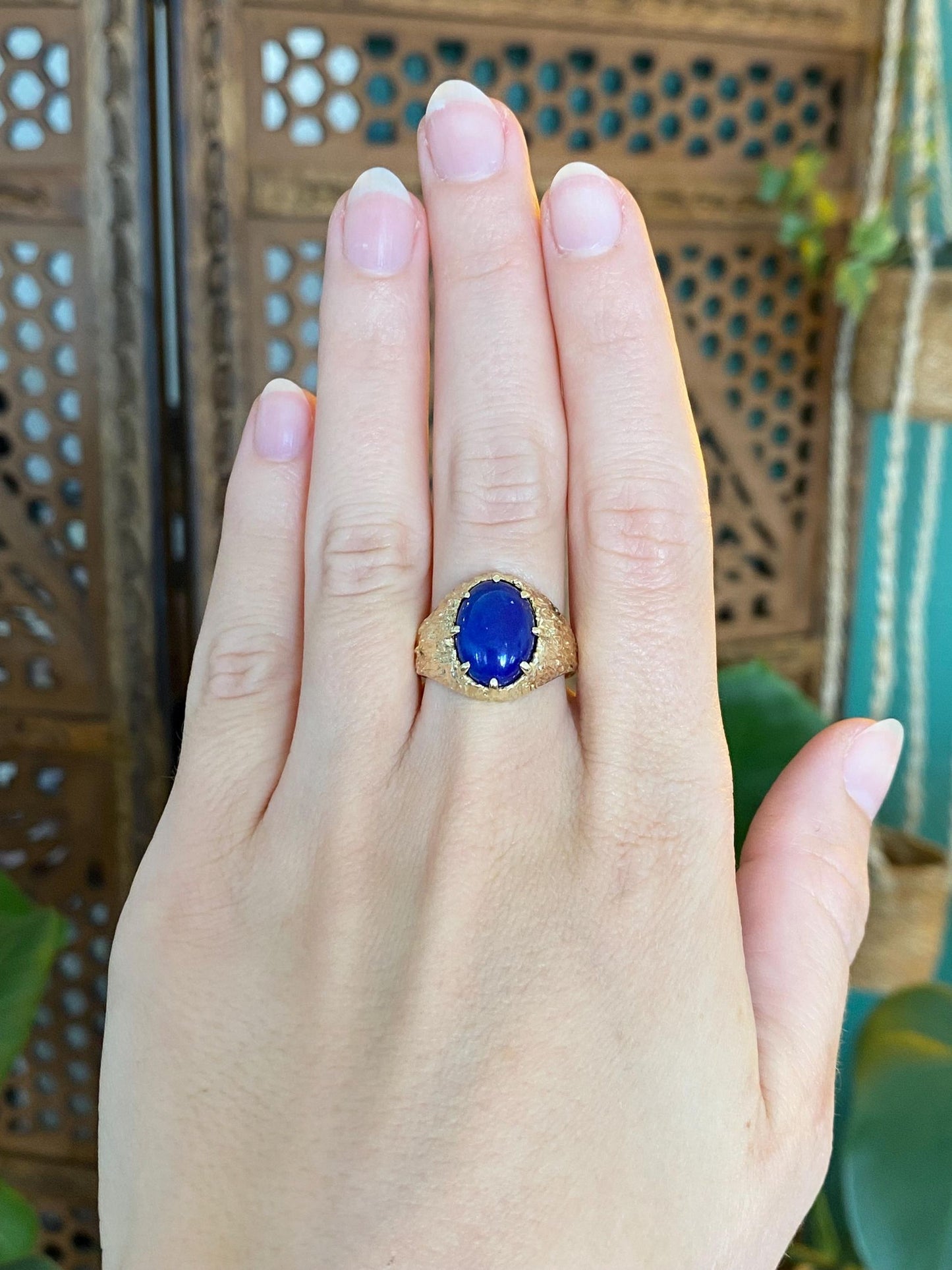 Solid 14k Blue Lapis Lazuli Textured Ring - Size 7.75