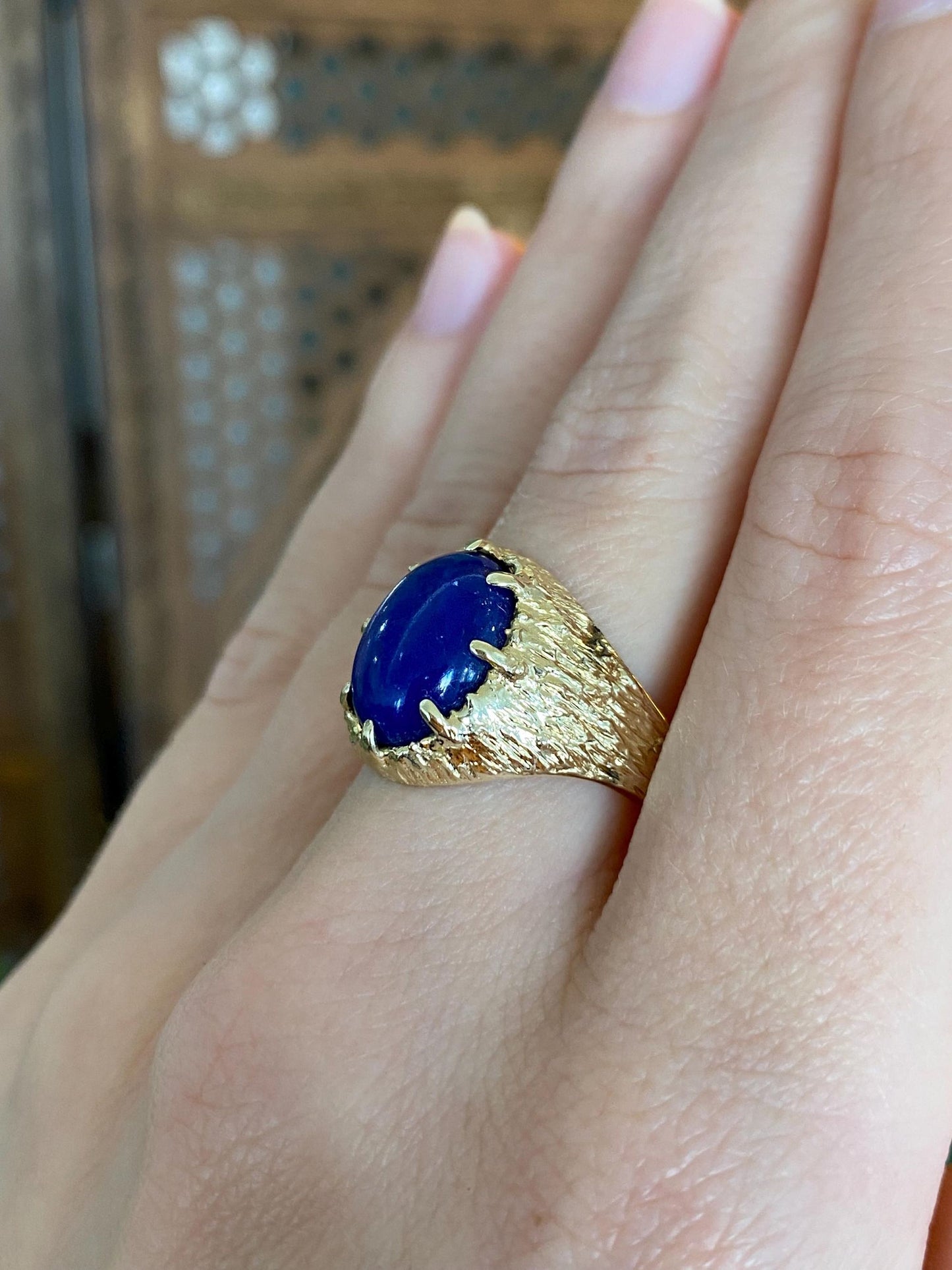 Solid 14k Blue Lapis Lazuli Textured Ring - Size 7.75