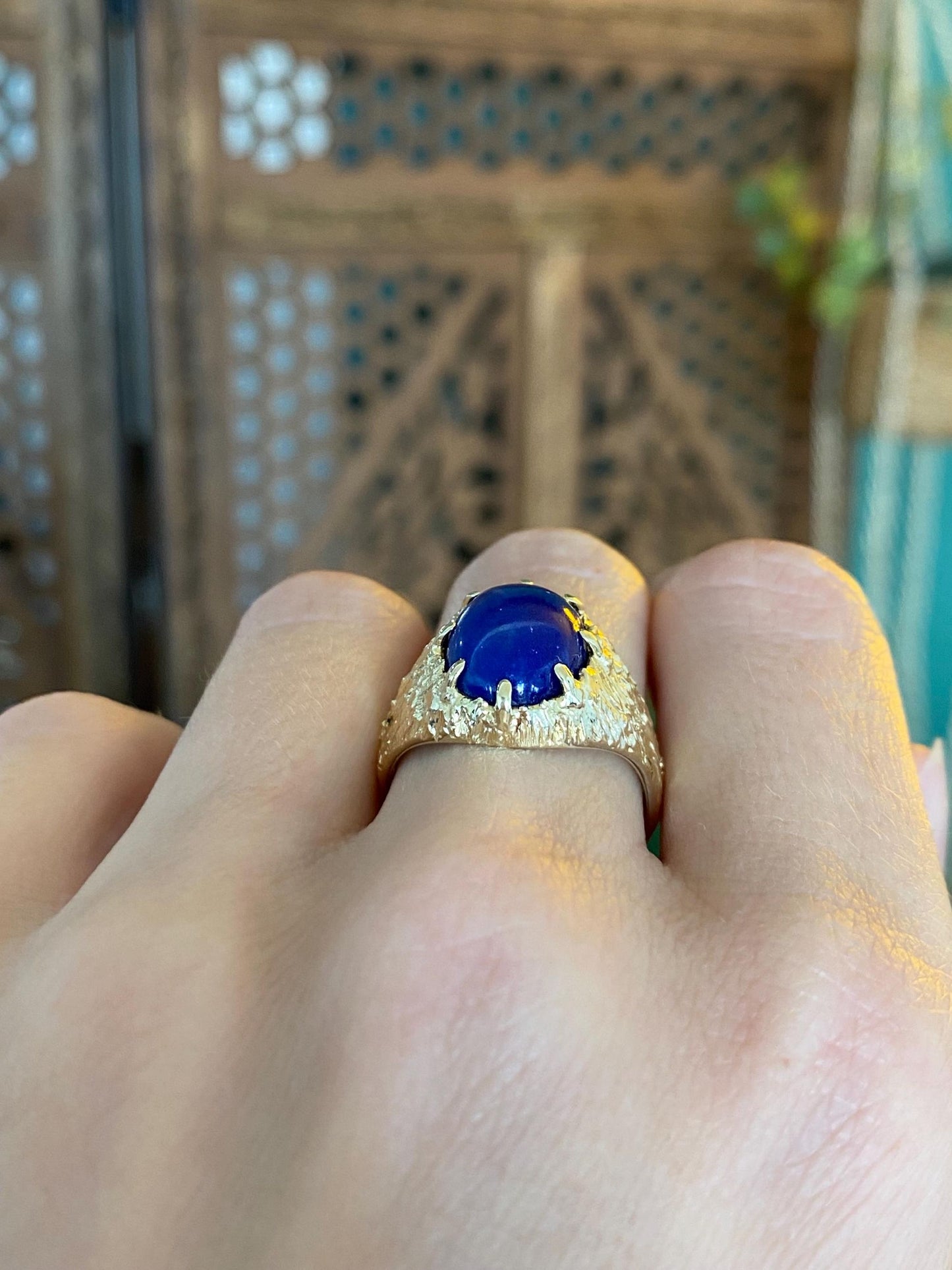 Solid 14k Blue Lapis Lazuli Textured Ring - Size 7.75