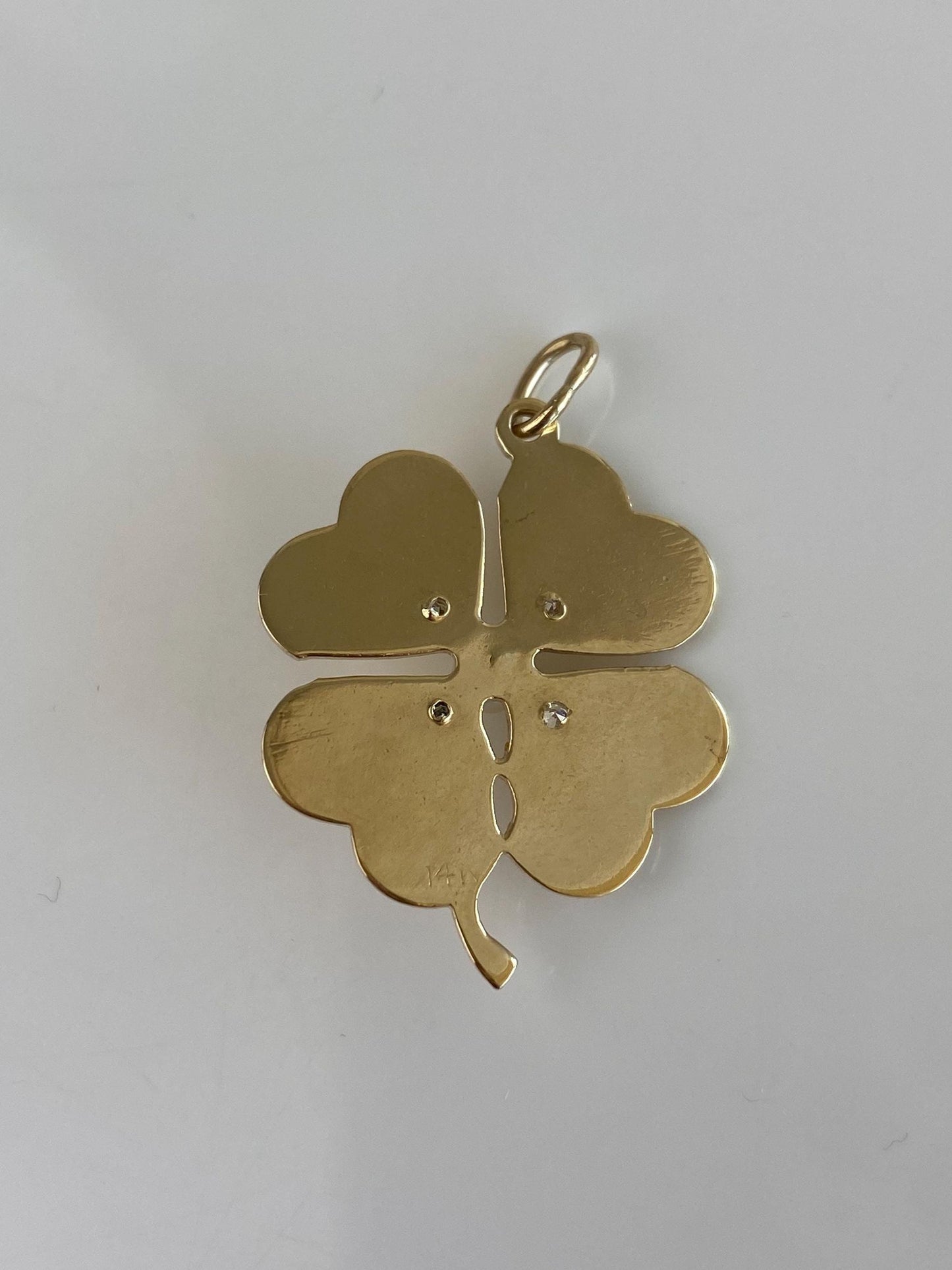 Vintage Solid 14k Yellow Gold Diamonds Pearl Engine Turned 4 Leaf Clover Charm