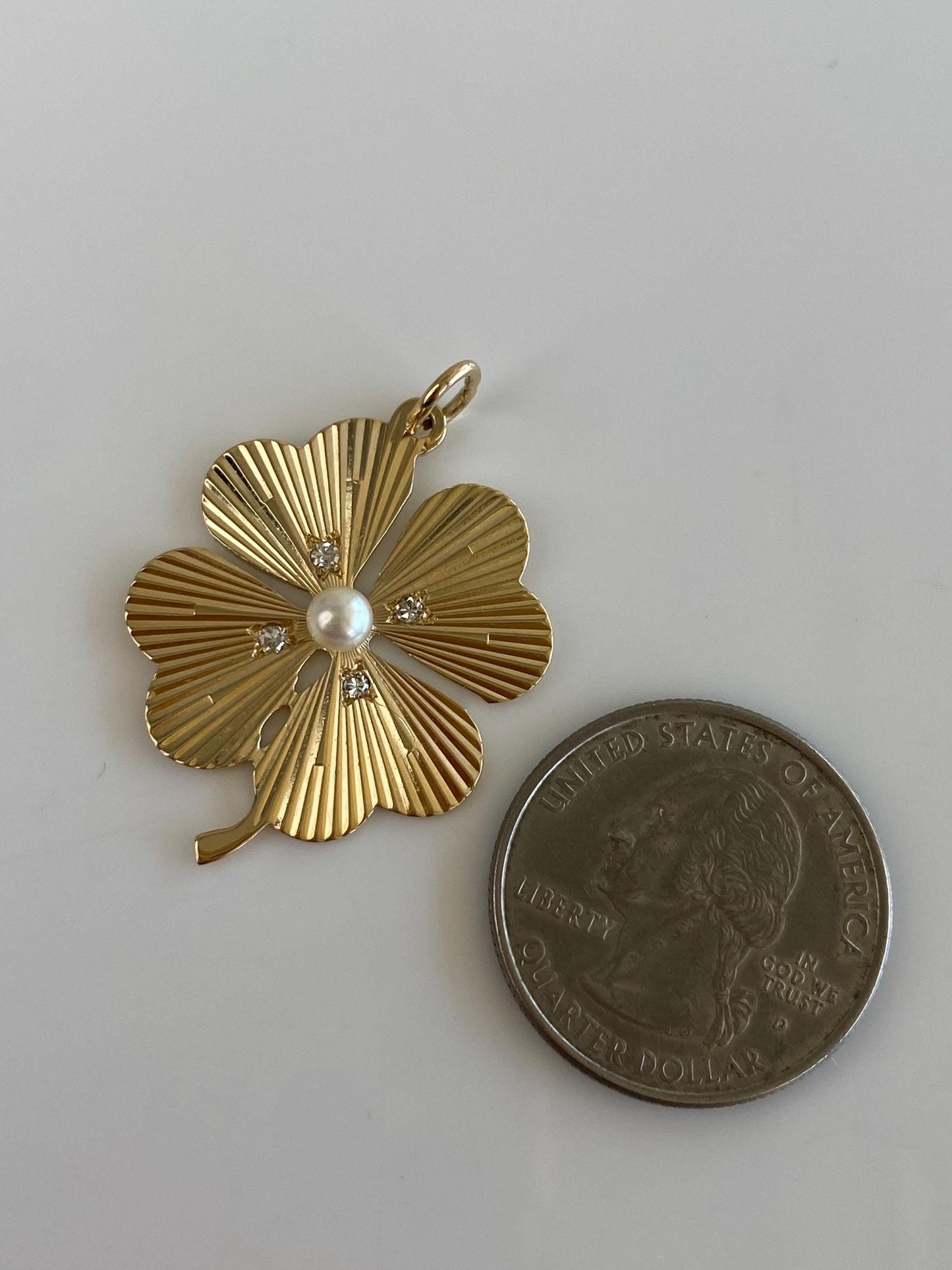 Vintage Solid 14k Yellow Gold Diamonds Pearl Engine Turned 4 Leaf Clover Charm