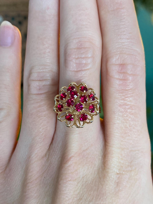 Vintage Solid 14k Yellow Gold Pink Cubic Zirconia Cluster Ring - Size 6.25