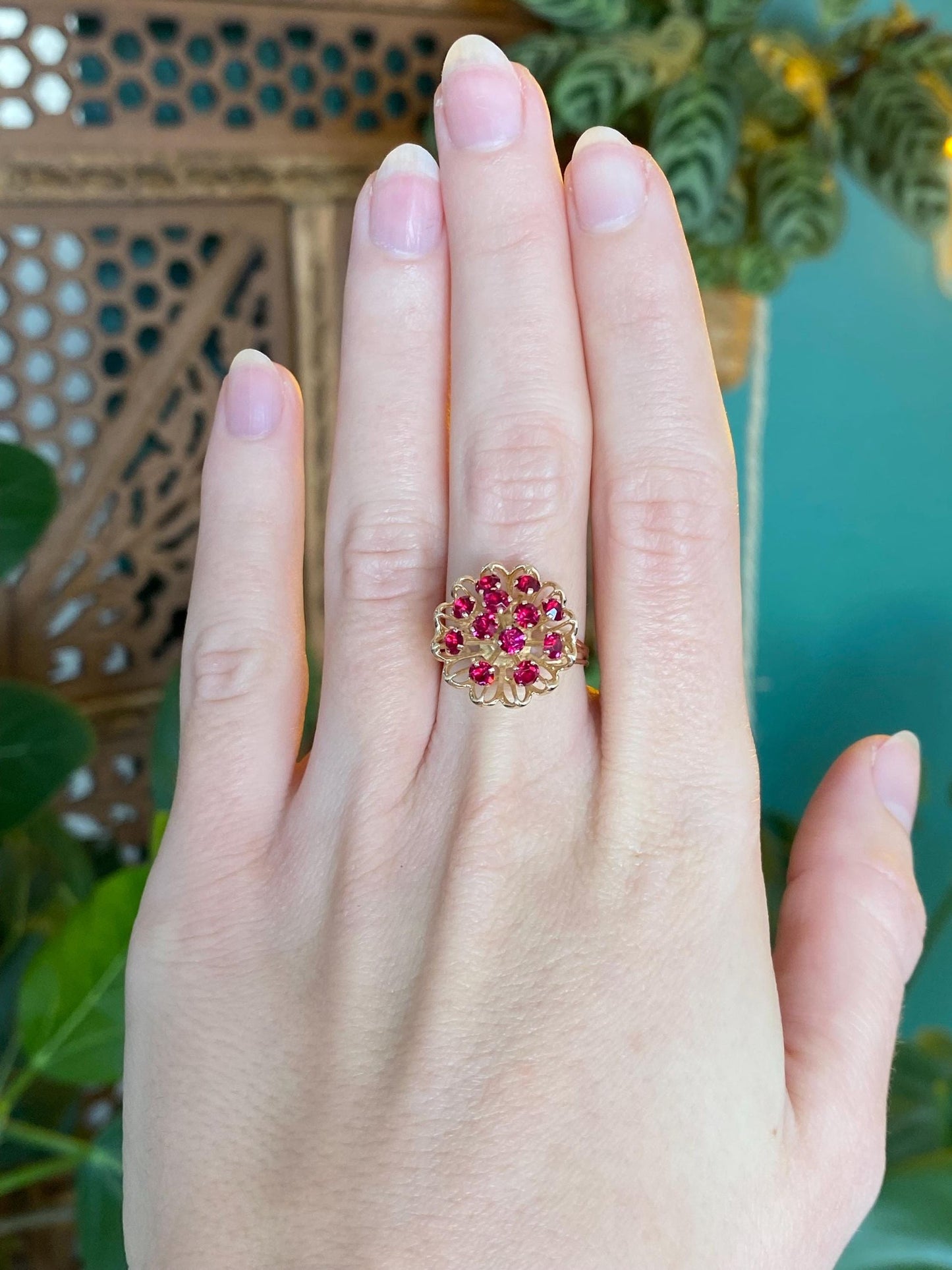 Vintage Solid 14k Yellow Gold Pink Cubic Zirconia Cluster Ring - Size 6.25