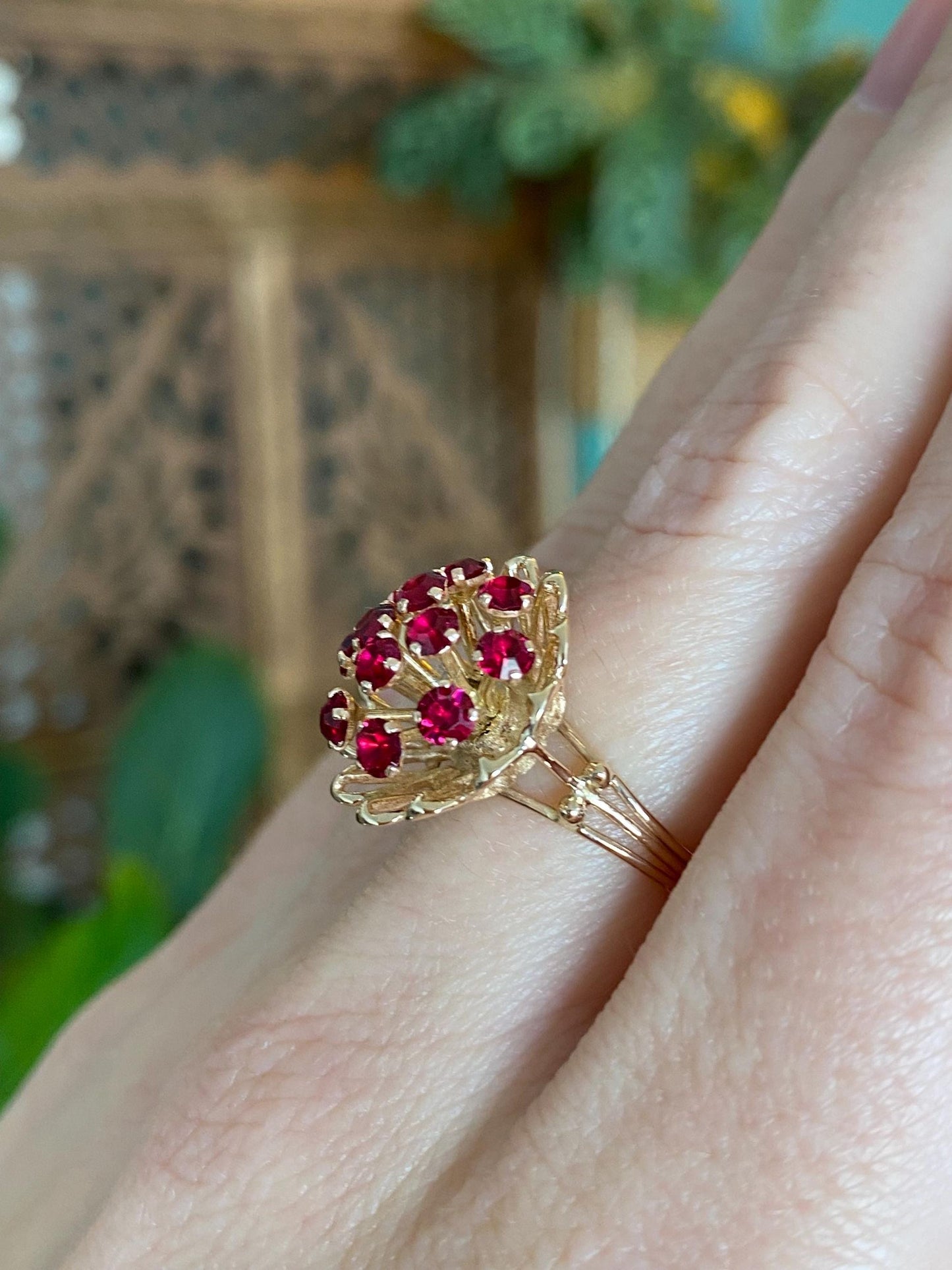 Vintage Solid 14k Yellow Gold Pink Cubic Zirconia Cluster Ring - Size 6.25