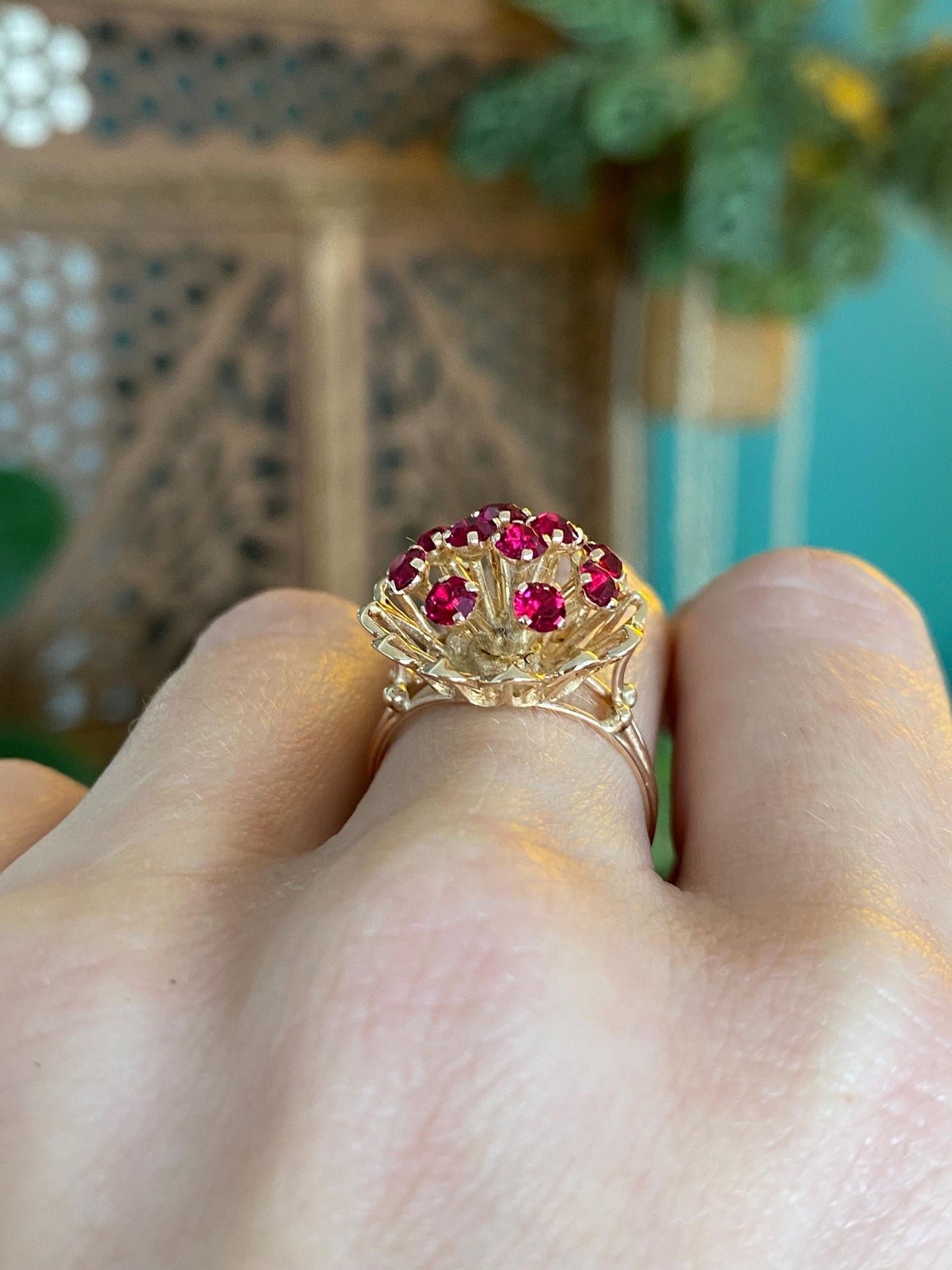 Vintage Solid 14k Yellow Gold Pink Cubic Zirconia Cluster Ring - Size 6.25