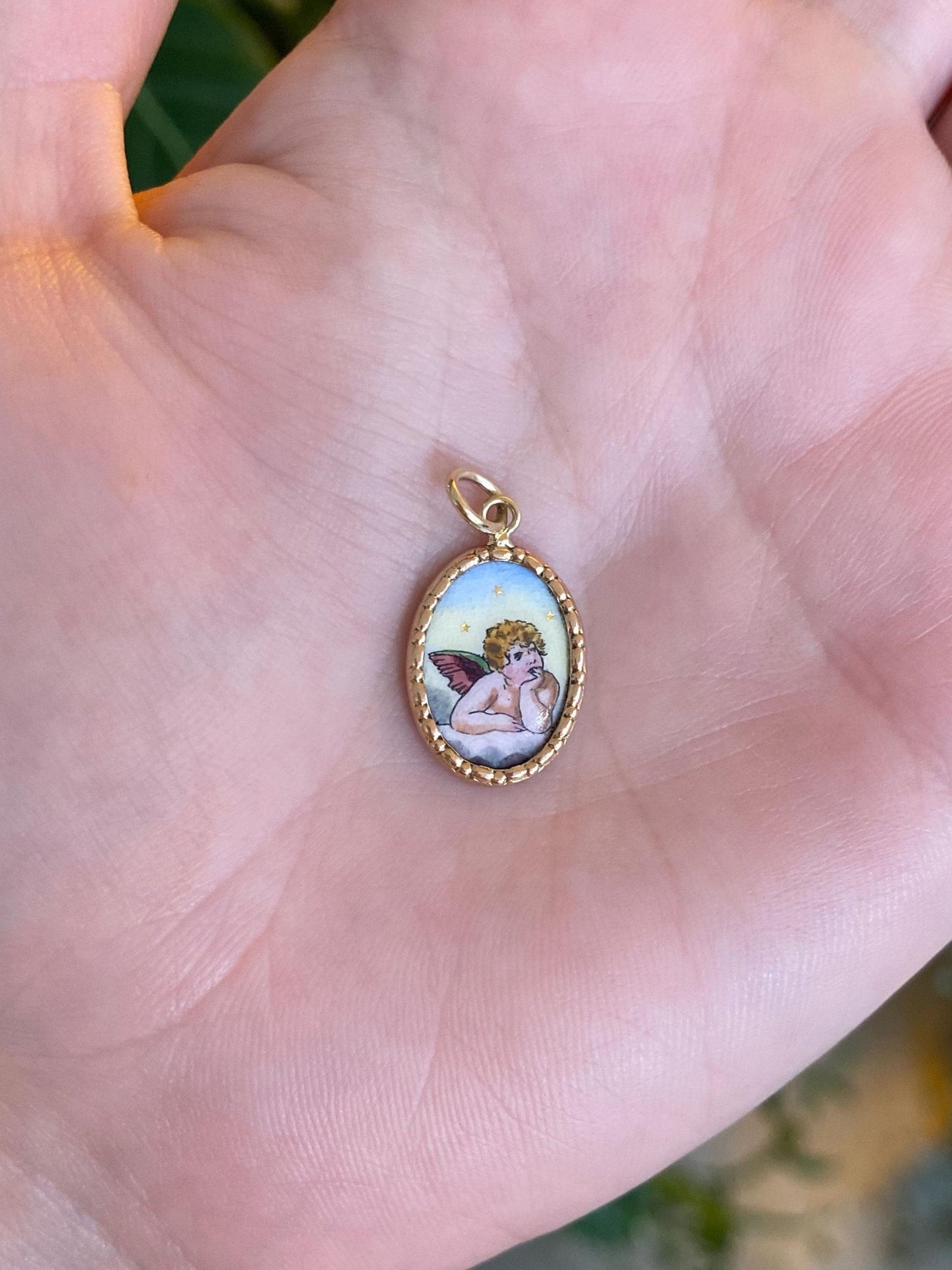 Vintage Solid 14k Yellow Gold Enamel Angel Cherub Charm